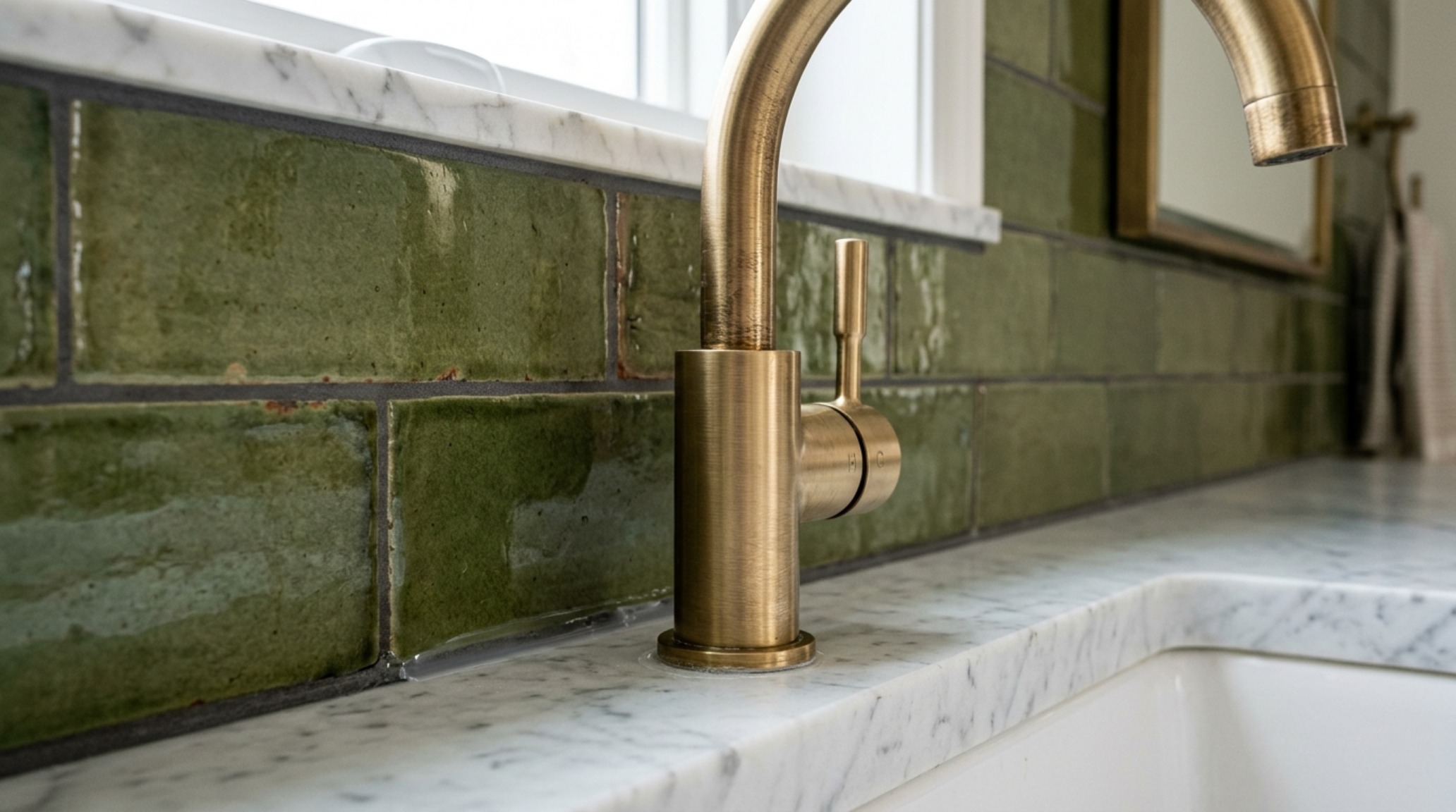 Detail of brushed brass hardware against a painted tile surface in Farrow & Ball Setting Plaster, illustrating the intersection of tactile materiality and color theory. Detail of brushed brass hardware against a painted tile surface in Farrow & Ball Setting Plaster, illustrating the intersection of tactile materiality and color theory.