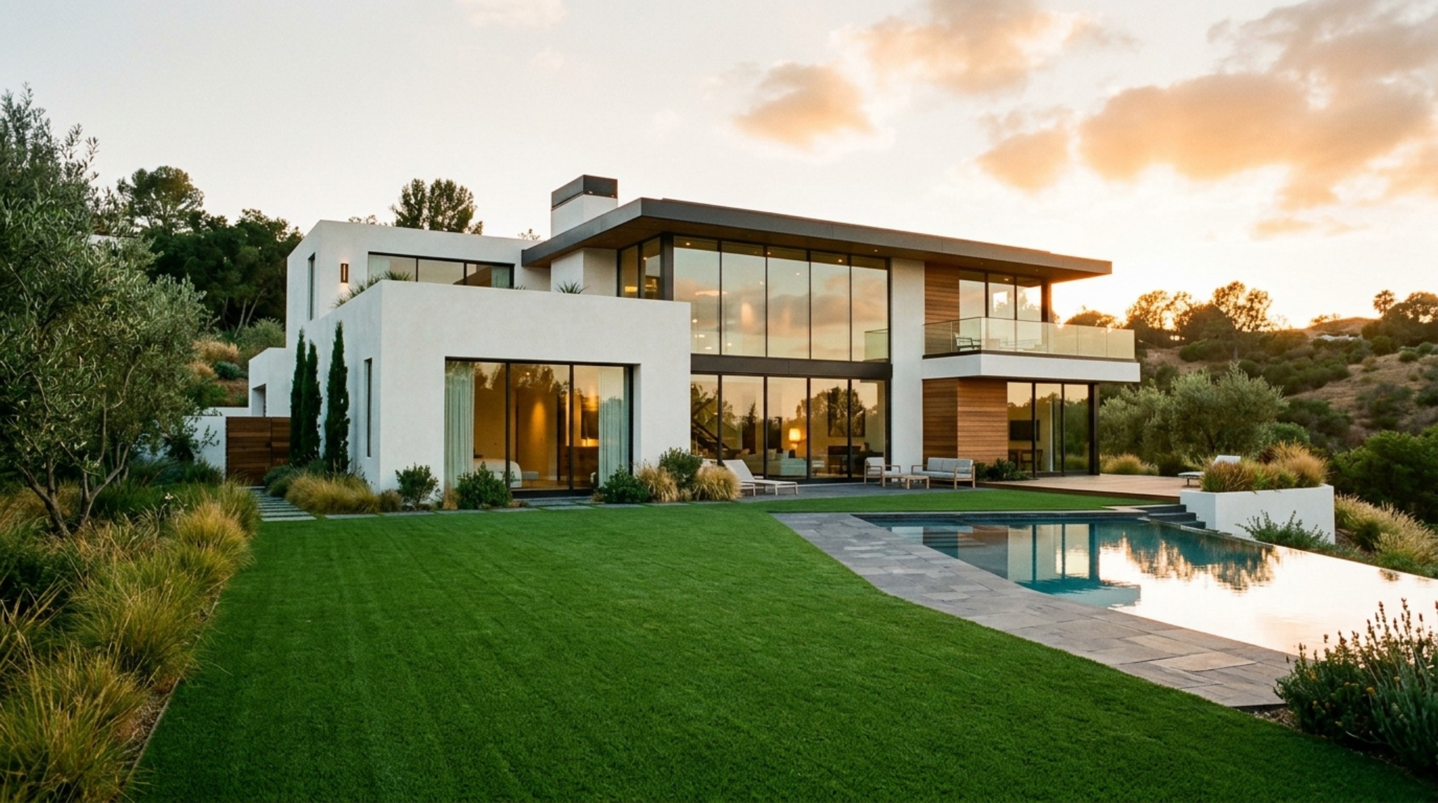 A wide-angle architectural shot of a modern minimalist home where the lush green lawn provides a grounding negative space against white concrete walls and large glass apertures.