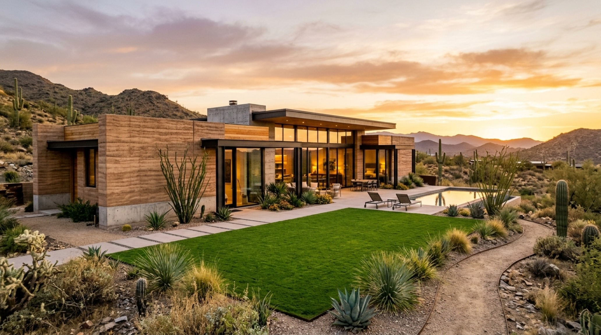 A desert-modern residence where the painted turf serves as a cooling visual element against the warm, earthy tones of rammed earth walls and xeriscaped borders.