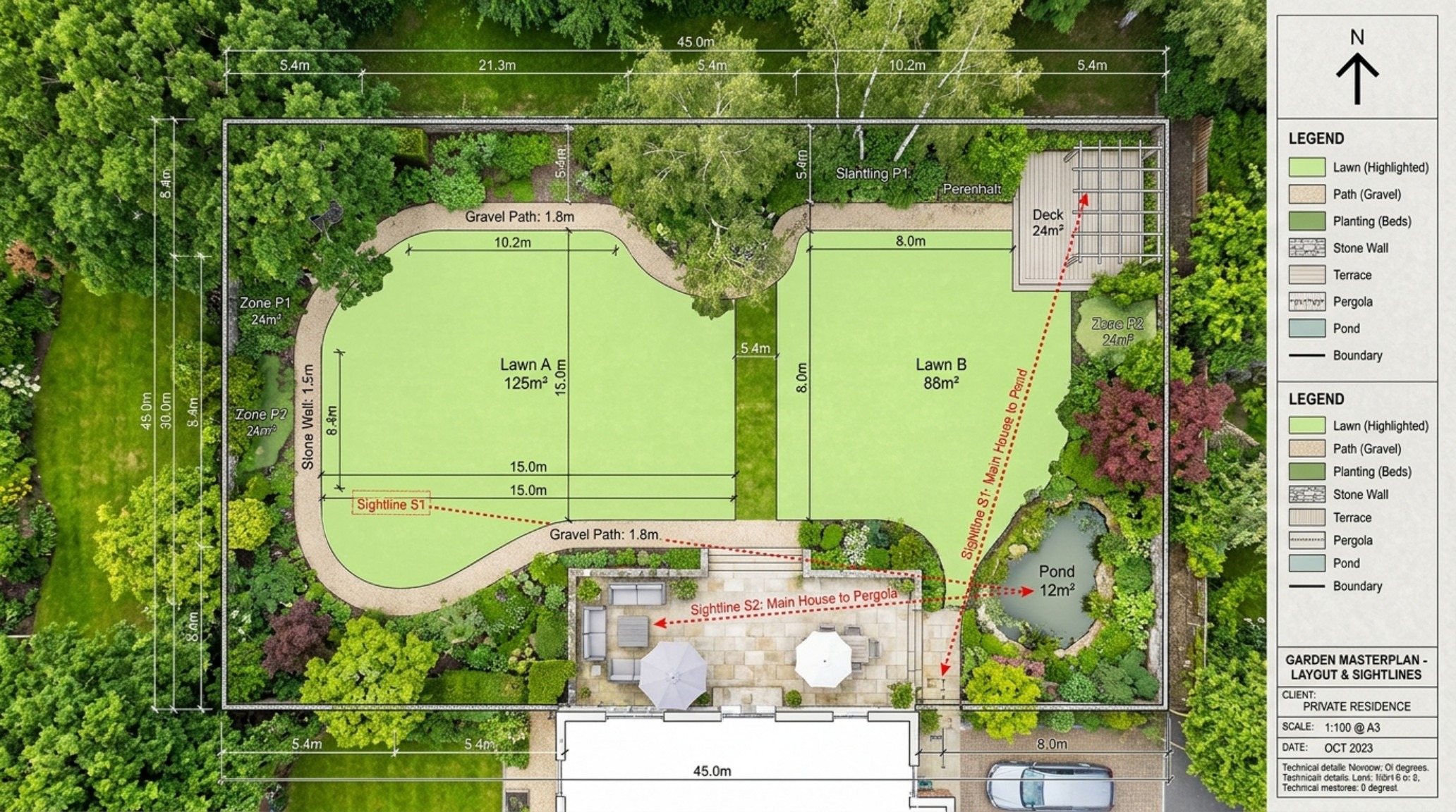 Architectural sketch overlay on a real lawn, demonstrating the use of the Golden Ratio to define the painted turf zones and the surrounding hardscape proportions.