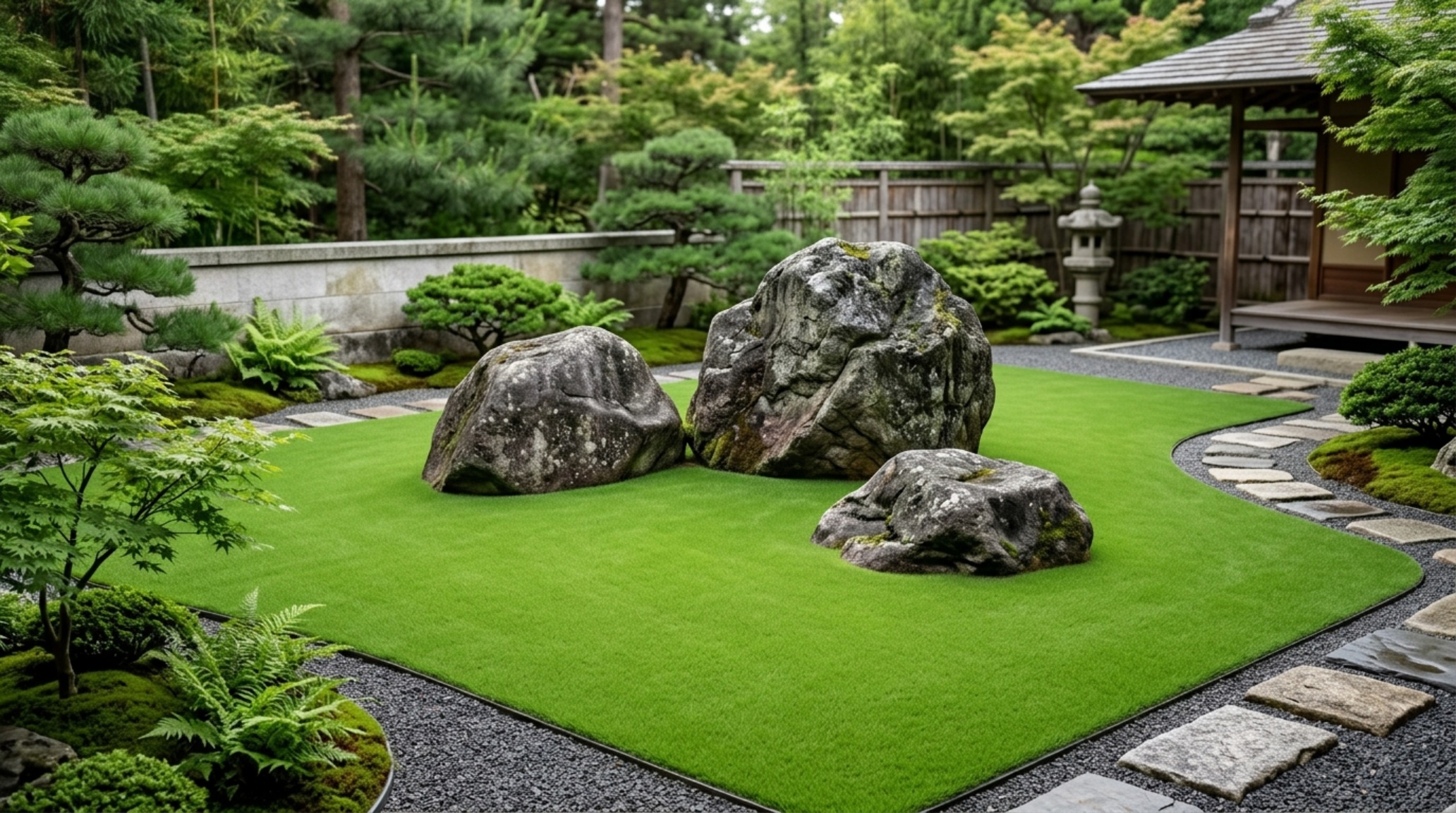A tranquil Japanese-inspired garden where the painted lawn provides a consistent green foundation for sculptural rocks and meticulously pruned Acer Palmatum trees.