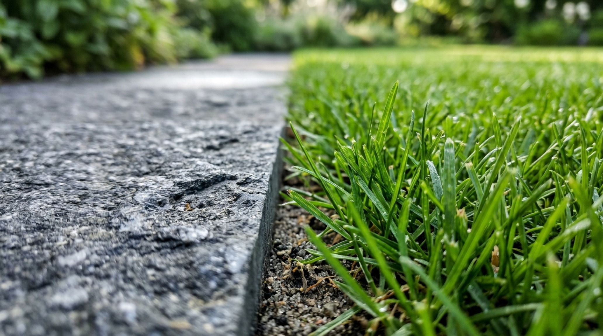 A macro detail shot showing the sharp, clean edge where professionally painted green grass meets a textured grey basalt walkway, illustrating spatial precision.