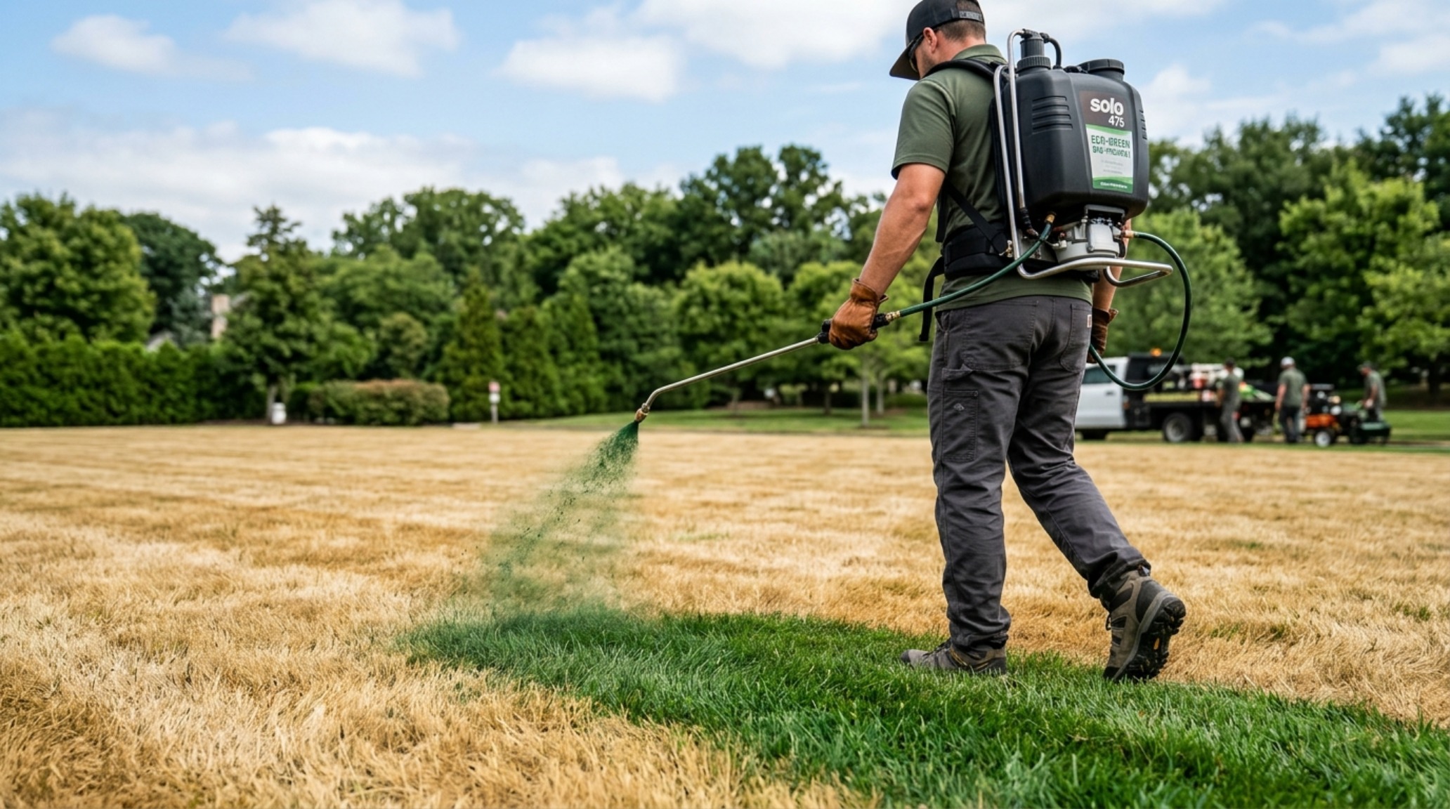Architectural visualization of the spray application process using a professional backpack sprayer to achieve uniform pigment distribution on a dormant lawn.
