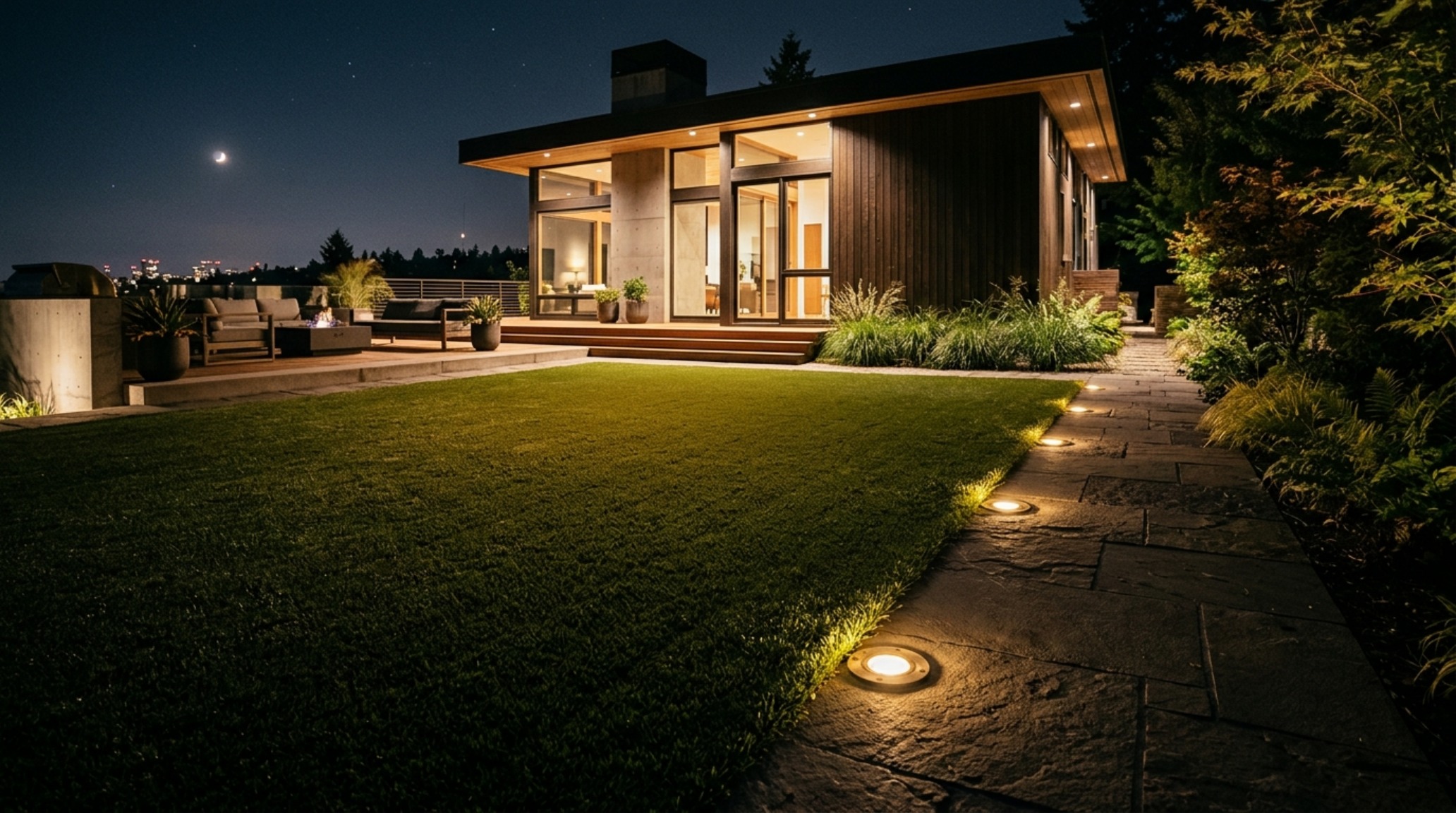 Evening architectural photography of a backyard with 2700K warm LED well lights grazing the edge of a vibrant, painted lawn, highlighting the velvet-like texture.