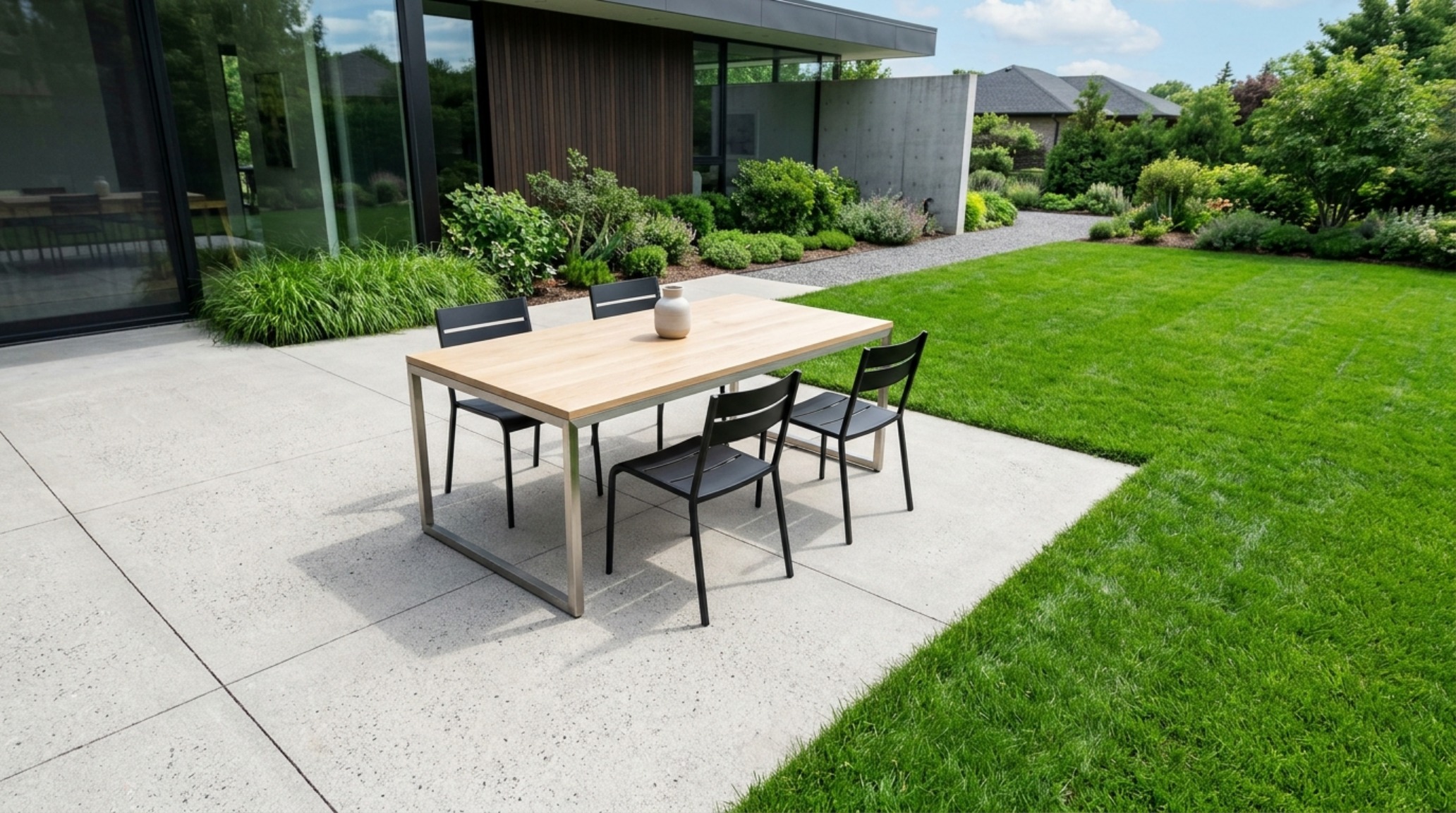 Top-down spatial layout of an outdoor dining area showing a 30-inch clearance between the modern black chairs and the perfectly uniform green turf boundary.