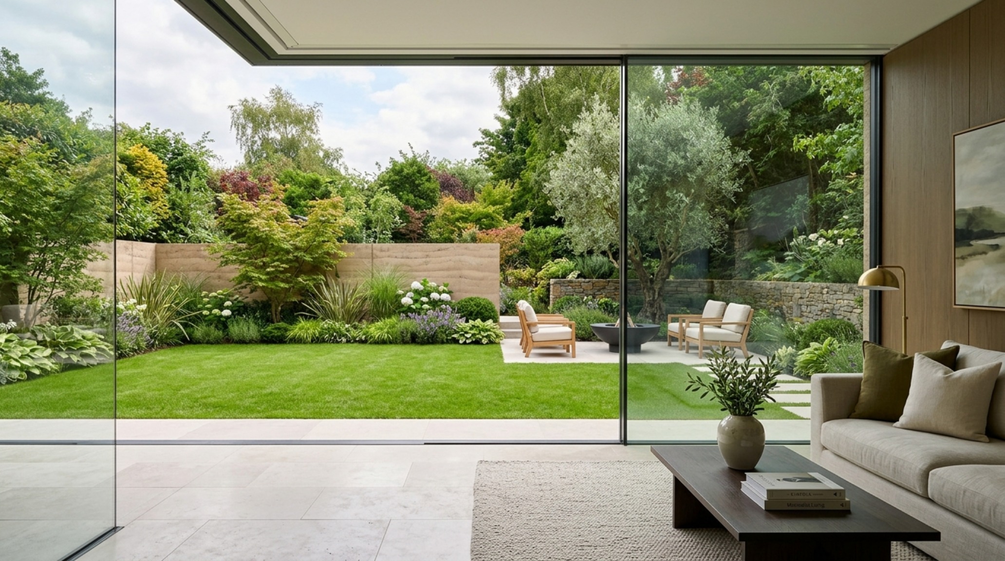 A vista through a floor-to-ceiling glass window showing how to spray paint your lawn decor ideas can extend the visual plane of the interior flooring out into the horizon.