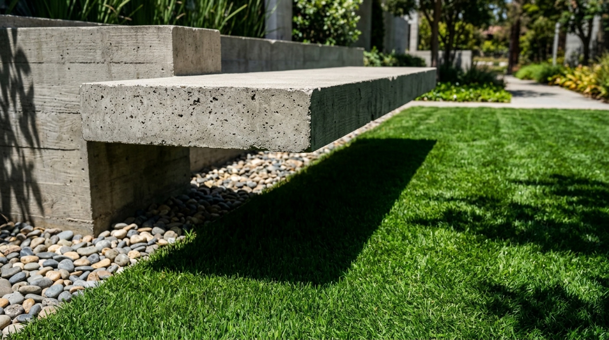 Luxury landscape detail: A cantilevered concrete step floating over a deep emerald painted lawn, showcasing the interplay of shadow, light, and architectural geometry.