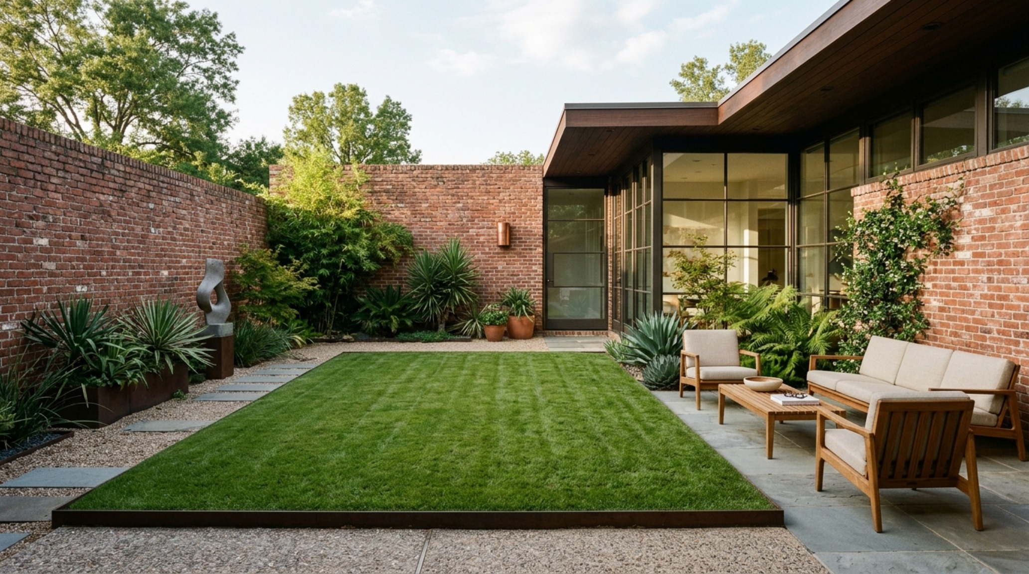 Mid-century modern courtyard featuring a central lawn island painted in a custom 'Olive Grove' pigment to complement the original orange brickwork and fluted glass.