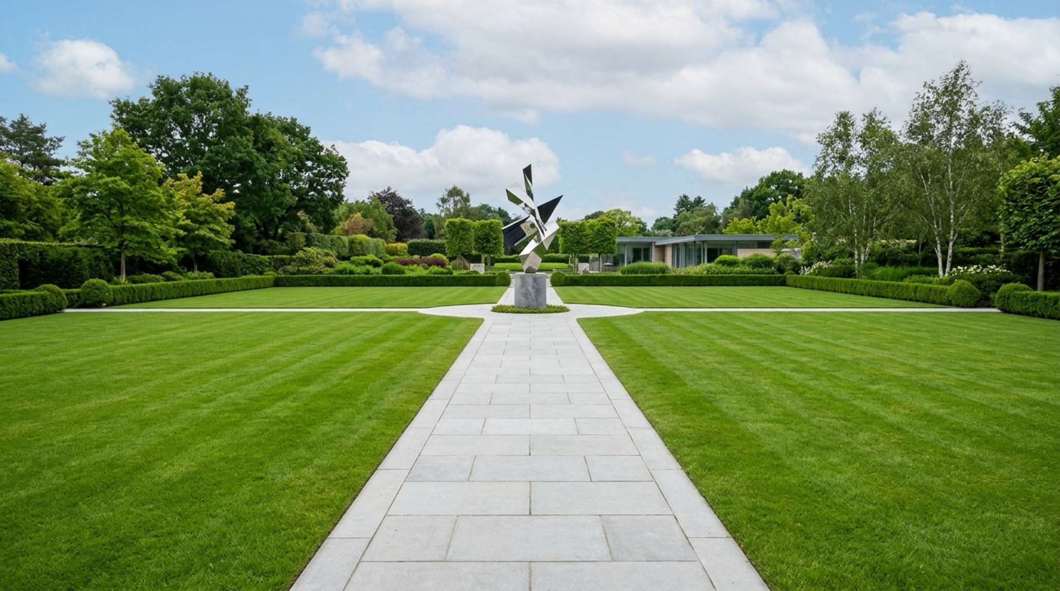 Detail of a 36-inch wide garden path constructed from weathered limestone, flanked by perfectly manicured green grass that has been treated for chromatic continuity.