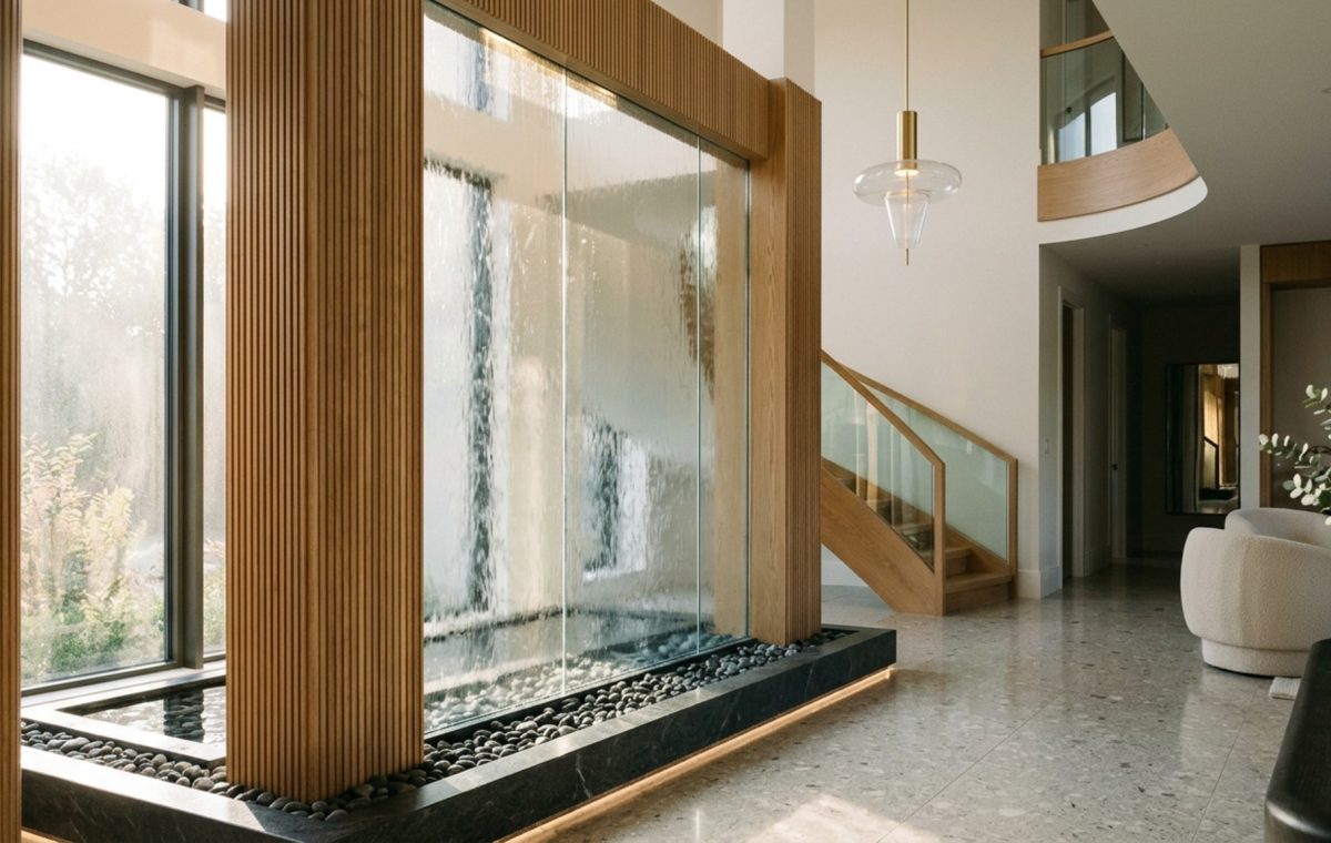custom glass water features integrated into a modern foyer with low-iron tempered glass and precision weir for a seamless water sheet