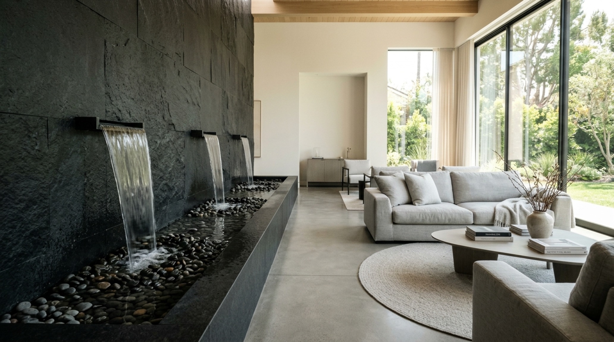 luxury indoor fountains featuring a silent pump system and textured slate background in an open-concept living room