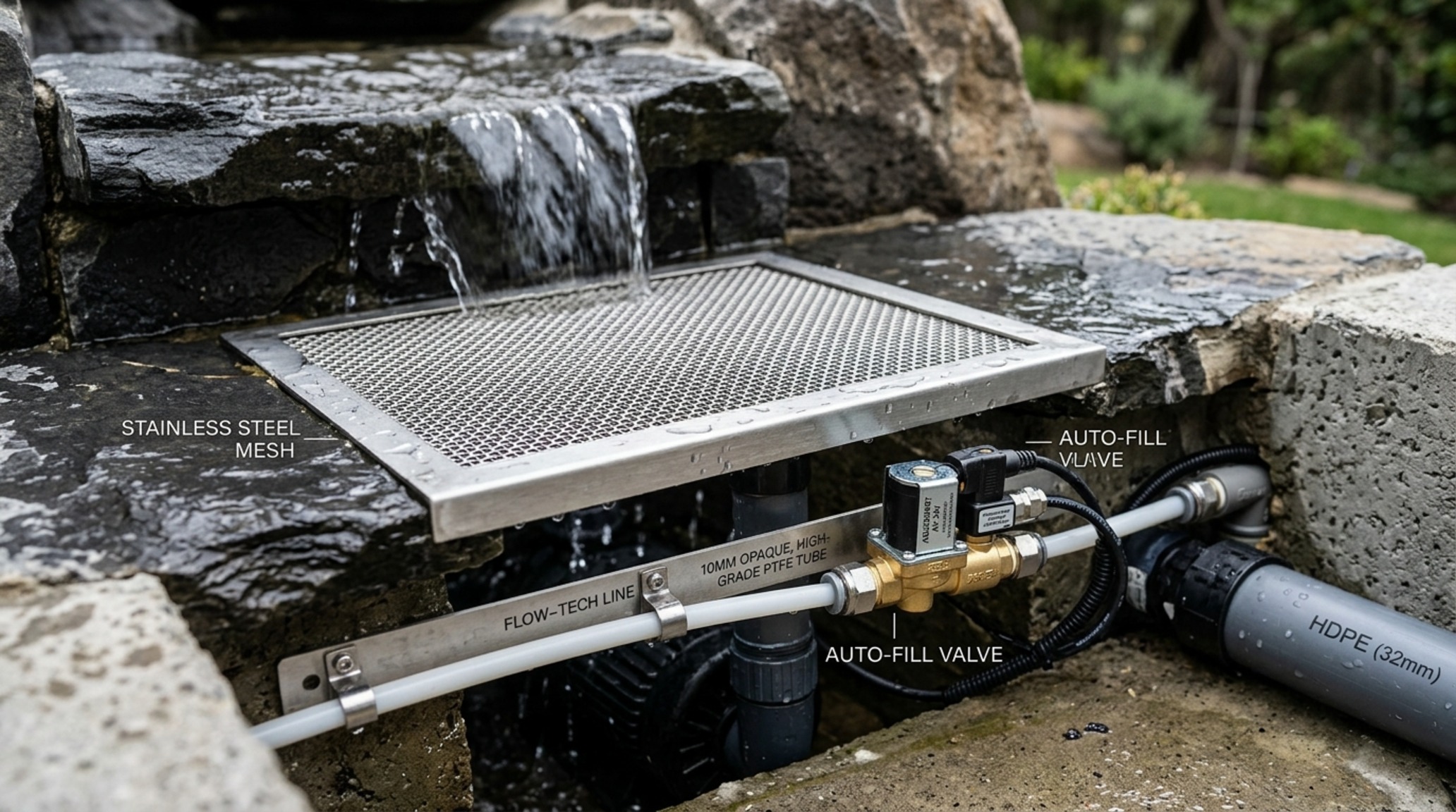 home waterfall maintenance system showing a hidden recessed basin with splash-mesh technology and an automatic refilling float switch