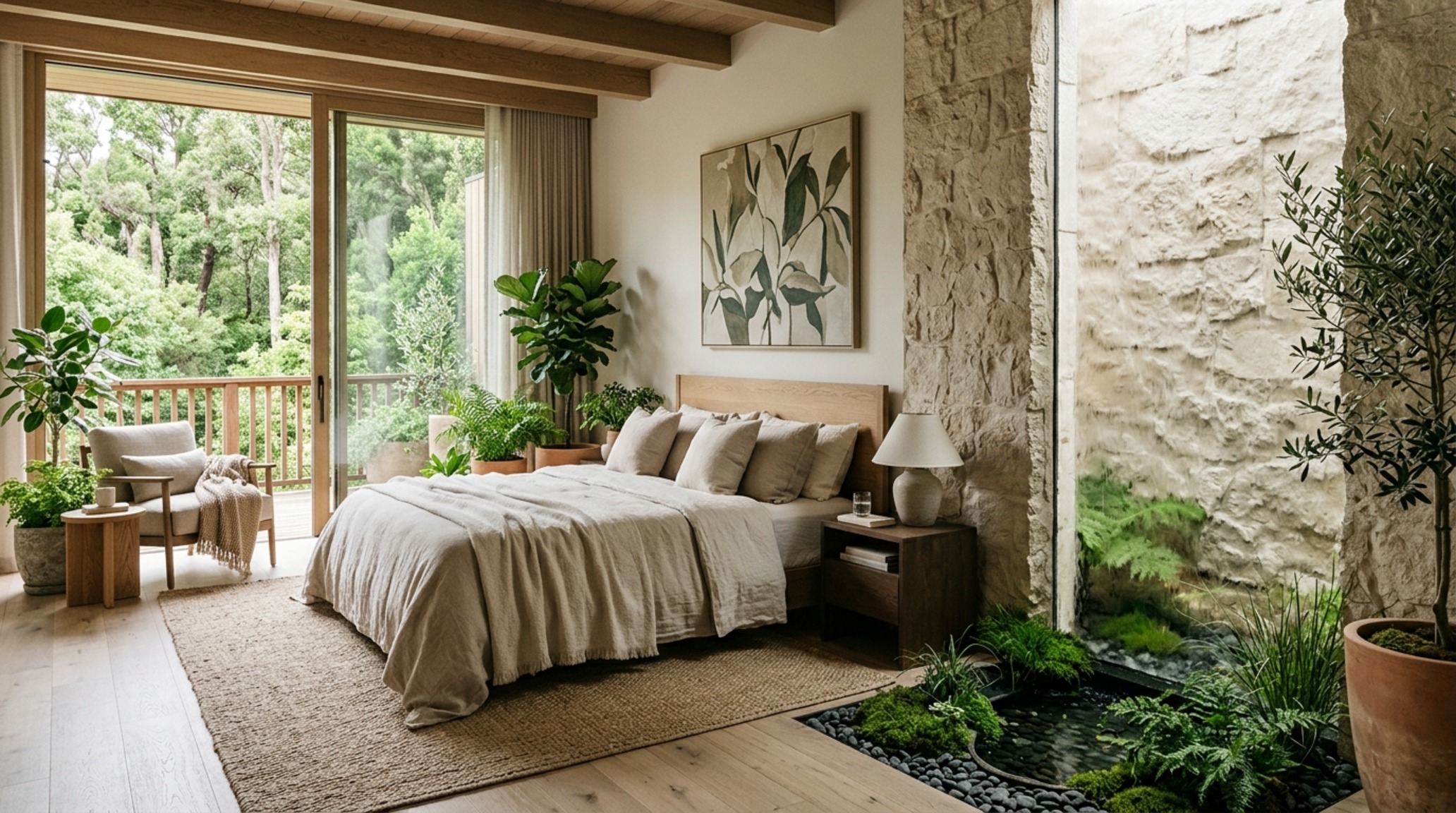 biophilic interior design trends showcasing a master bedroom water wall paired with fluted white oak paneling and neutral tones