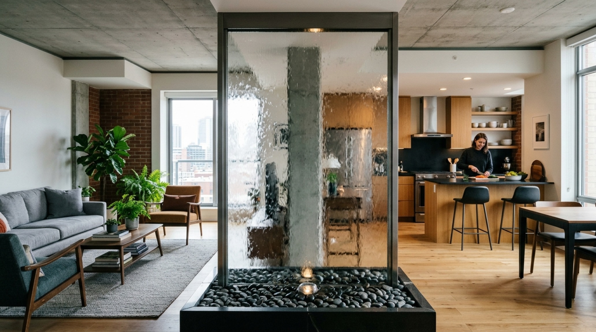 indoor water wall design used as a spatial partition between a home office and dining area with 36-inch circulation clearance