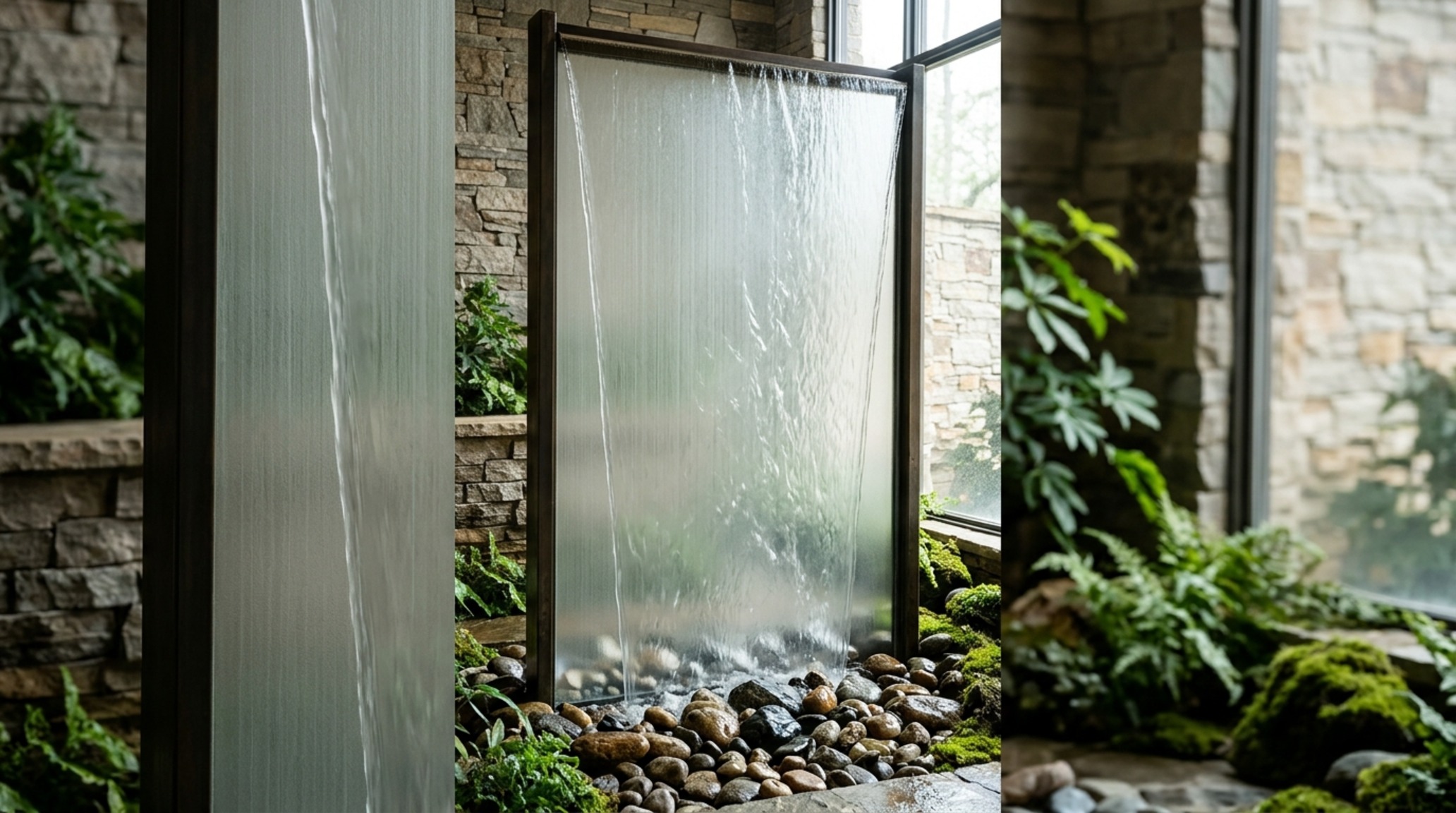 custom glass water features highlighting the refractive index of water over a translucent glass panel in a minimalist hall