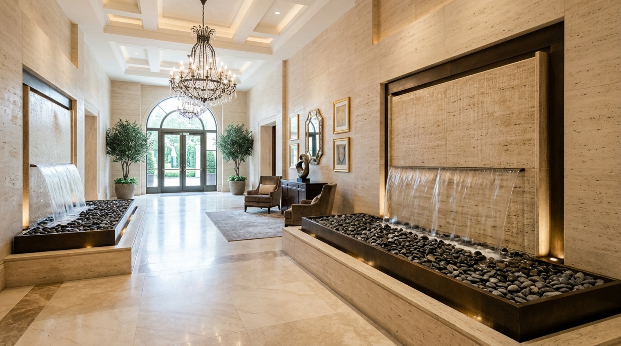 luxury indoor fountains designed with honed travertine stone and a splash-free base in a high-end penthouse suite