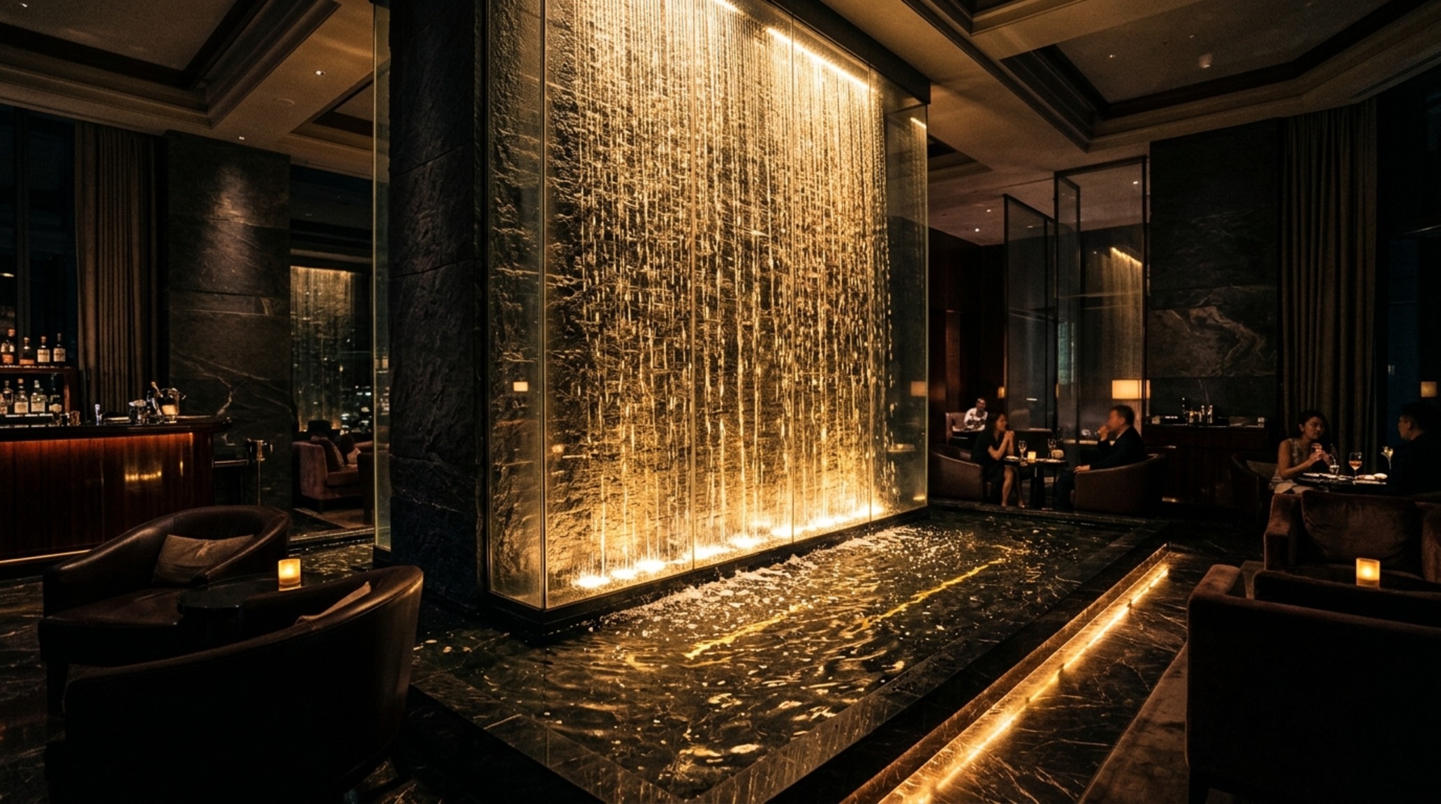LED lit water walls providing a shimmering focal point in an evening-lit living space with high CRI 92+ illumination