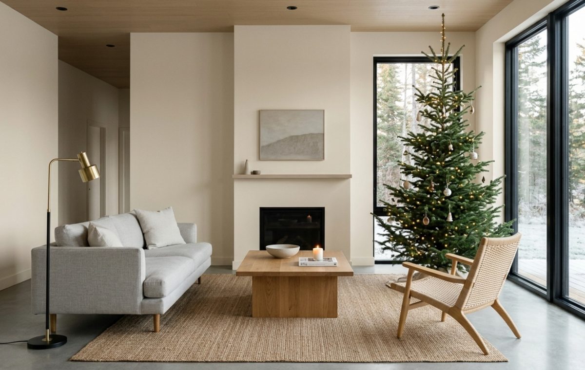 modern ideas for decorating for christmas ideas featuring a minimalist spruce tree against Benjamin Moore Swiss Coffee walls with clean architectural lines.