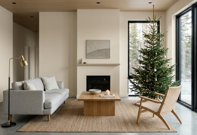 modern ideas for decorating for christmas ideas featuring a minimalist spruce tree against Benjamin Moore Swiss Coffee walls with clean architectural lines.