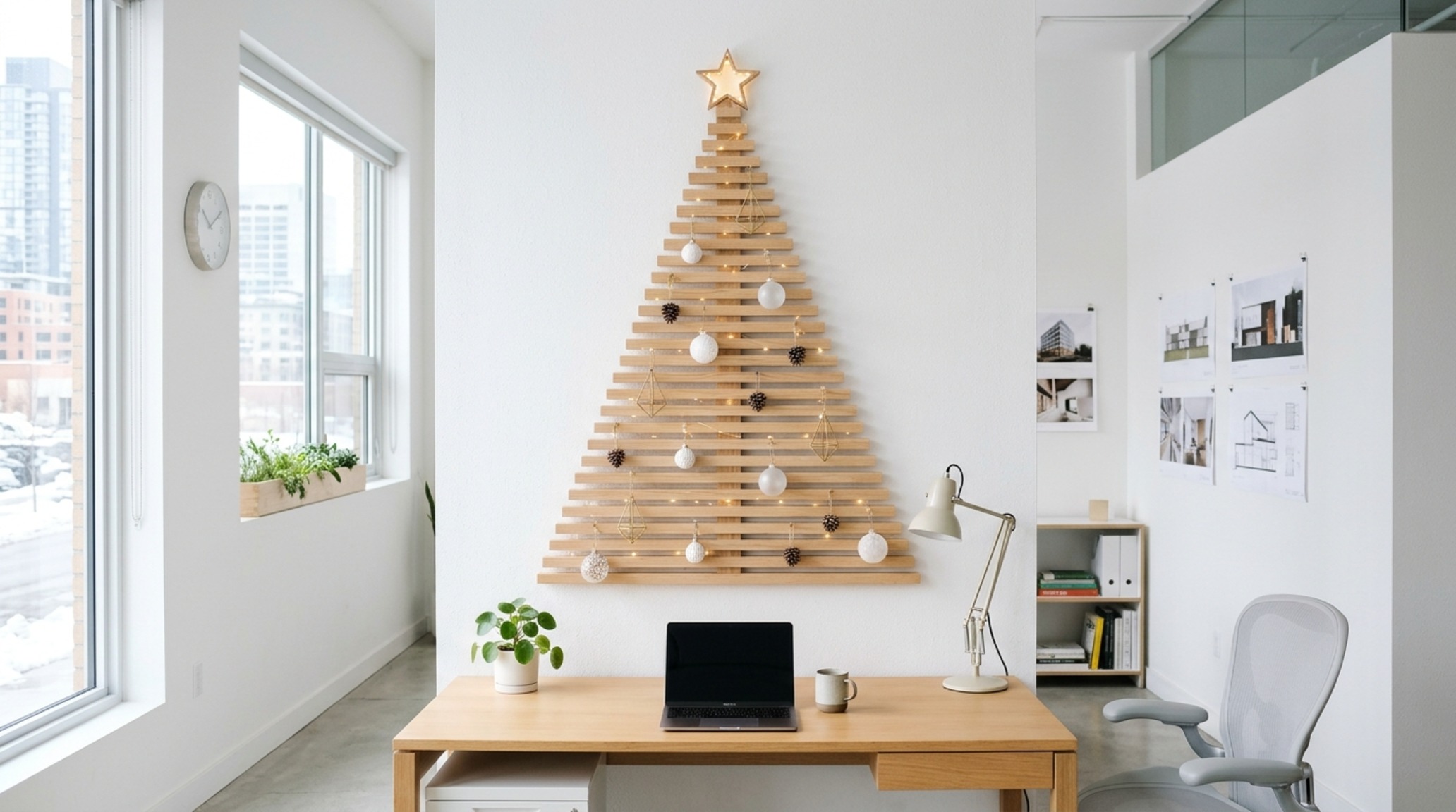 small space ideas for decorating for christmas highlighting a wall-mounted floating holiday tree that preserves essential floor plane square footage. small space ideas for decorating for christmas highlighting a wall-mounted floating holiday tree that preserves essential floor plane square footage.