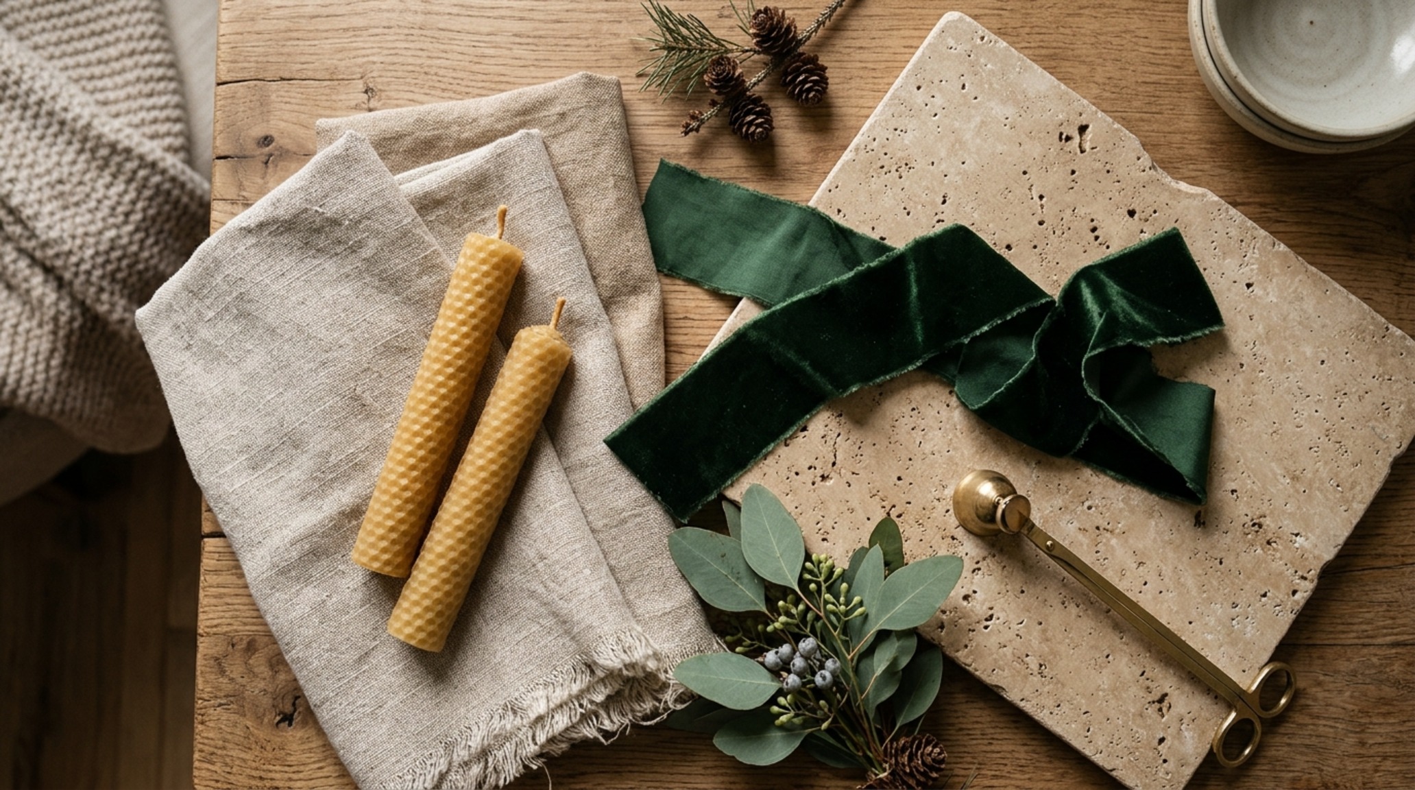 luxury ideas for decorating for christmas textures showing a close-up of hand-dipped beeswax candles and organic linen textiles on a festive landscape. luxury ideas for decorating for christmas textures showing a close-up of hand-dipped beeswax candles and organic linen textiles on a festive landscape.