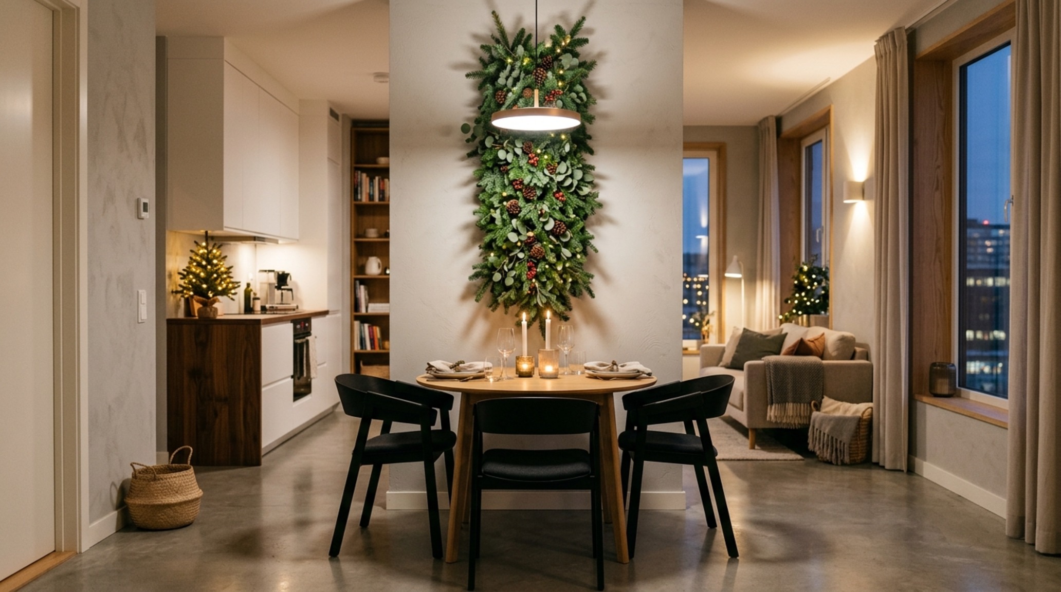 small space ideas for decorating for christmas showcasing a vertical greenery installation and 36-inch clear walkways in a compact urban apartment. small space ideas for decorating for christmas showcasing a vertical greenery installation and 36-inch clear walkways in a compact urban apartment.