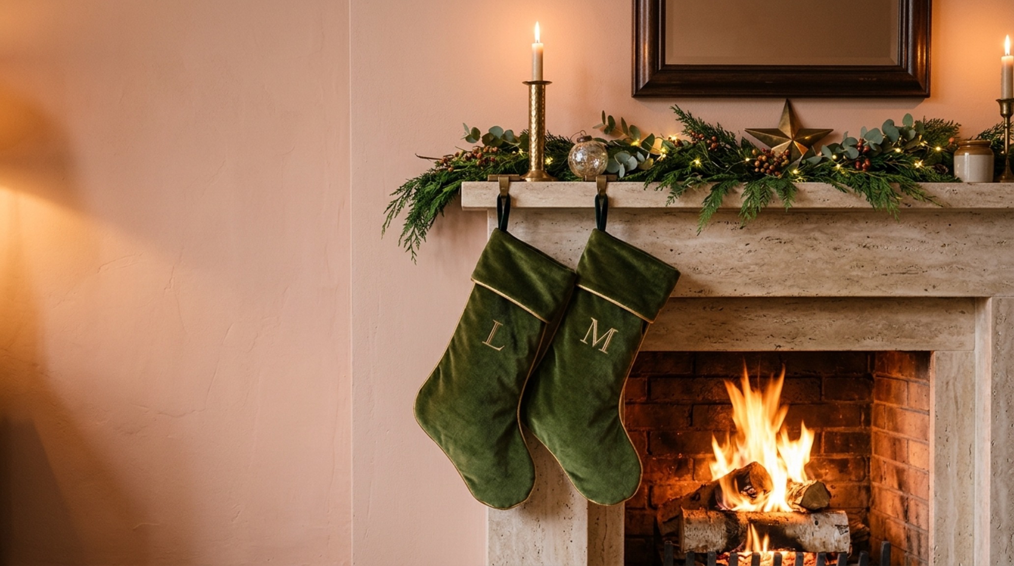 luxury ideas for decorating for christmas textures including heavy velvet stockings hanging from a honed travertine mantlepiece in a high-end living room. luxury ideas for decorating for christmas textures including heavy velvet stockings hanging from a honed travertine mantlepiece in a high-end living room.
