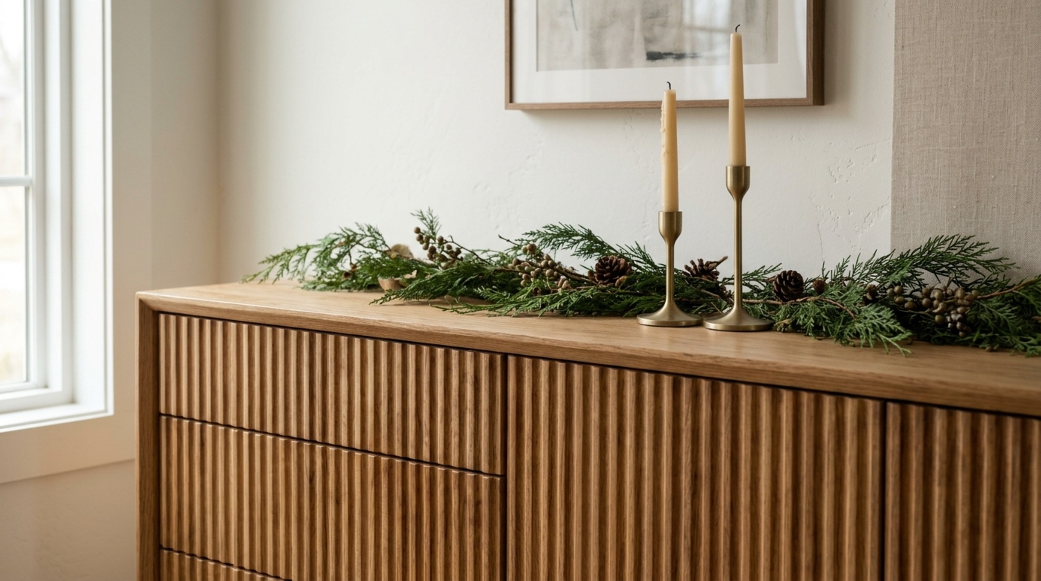 luxury ideas for decorating for christmas textures featuring fluted white oak furniture and raw silk ribbons on a artisanal holiday wreath. luxury ideas for decorating for christmas textures featuring fluted white oak furniture and raw silk ribbons on a artisanal holiday wreath.