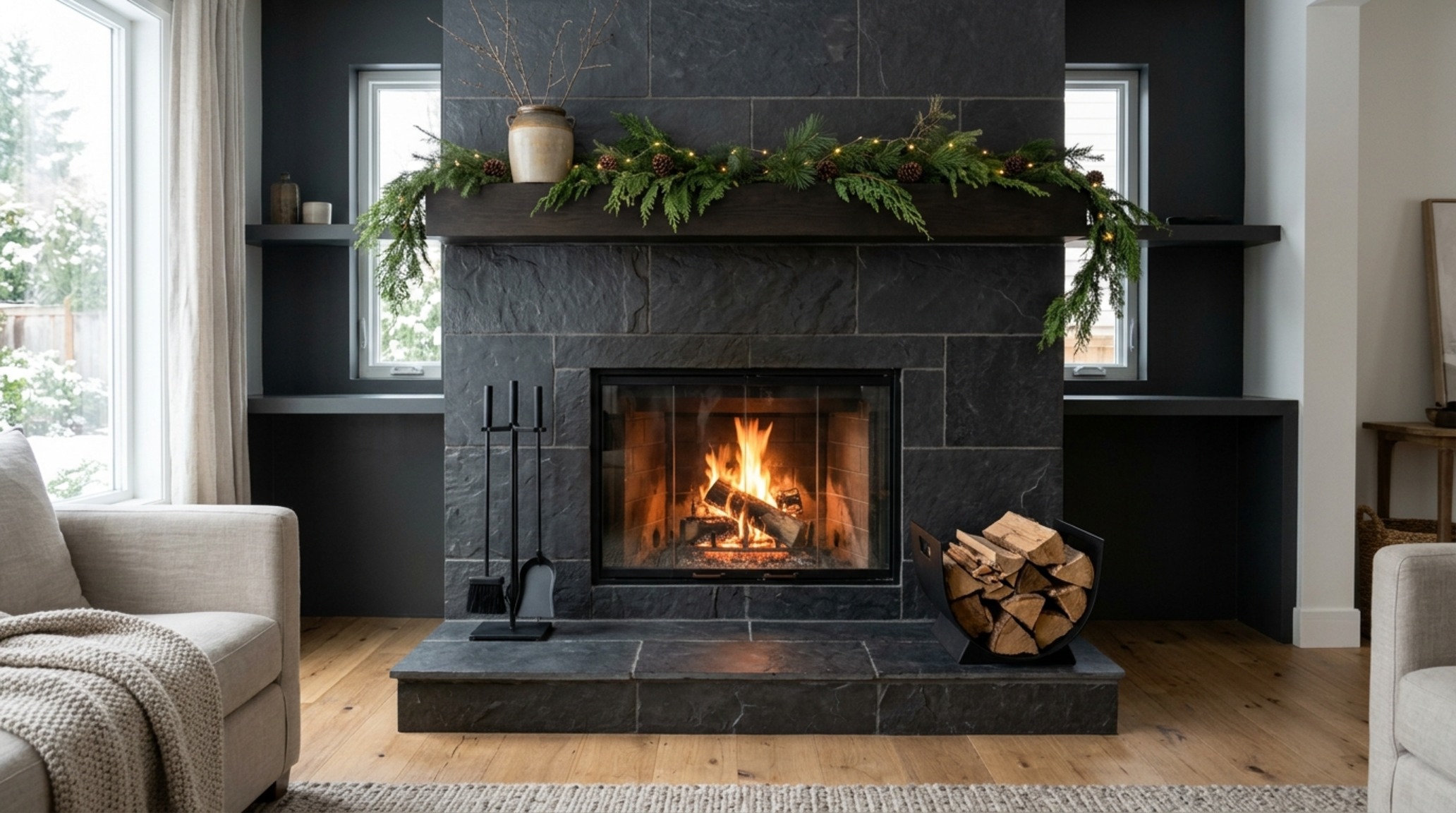 modern ideas for decorating for christmas ideas displaying a sculptural hearth arrangement with matte black candlesticks and eucalyptus branches. modern ideas for decorating for christmas ideas displaying a sculptural hearth arrangement with matte black candlesticks and eucalyptus branches.