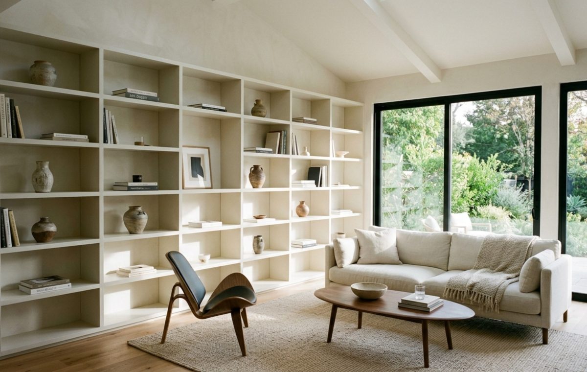 Modern ideas for shelving ideas featuring a floor-to-ceiling minimalist library in Benjamin Moore Swiss Coffee with seamless shadow gaps and curated art objects.
