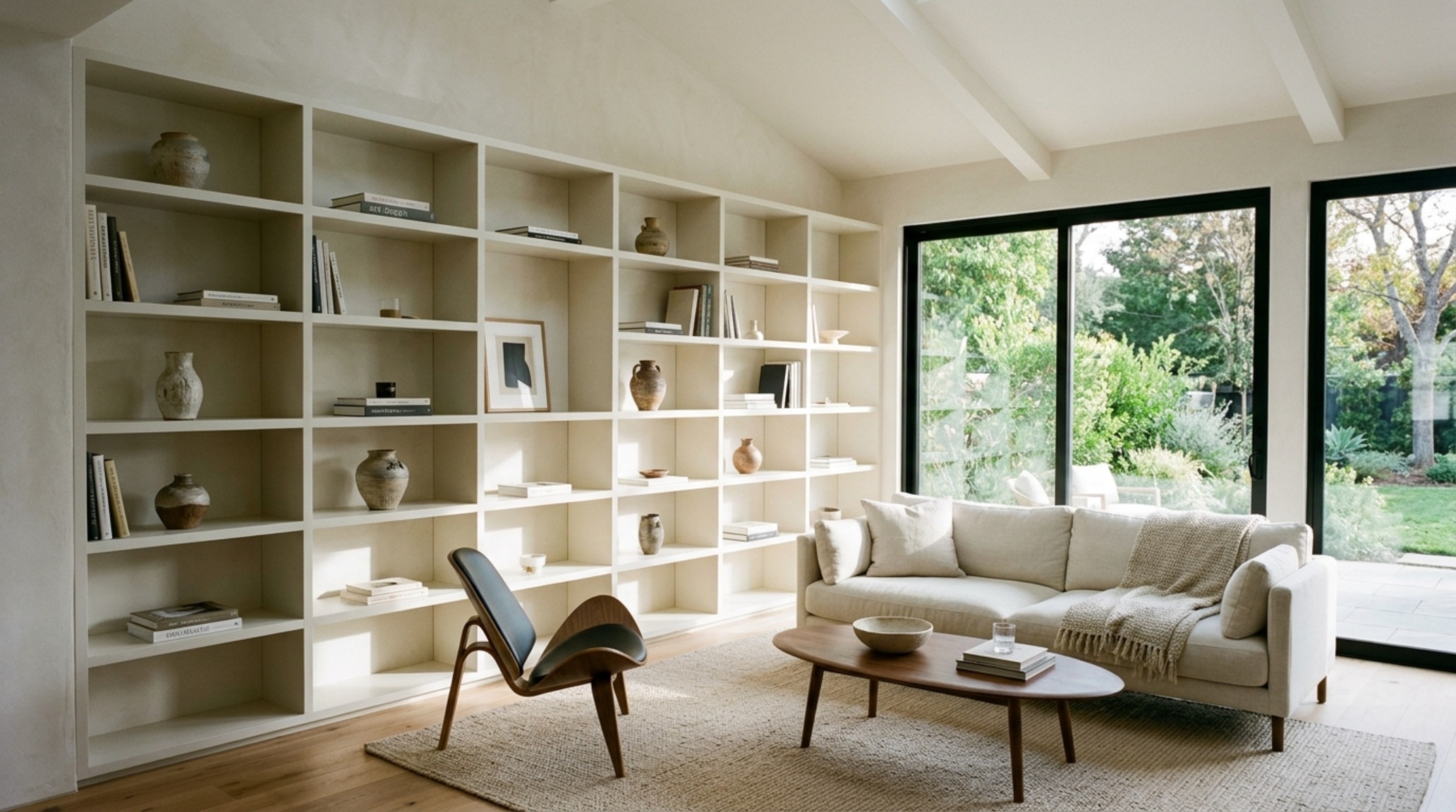 Modern ideas for shelving ideas featuring a floor-to-ceiling minimalist library in Benjamin Moore Swiss Coffee with seamless shadow gaps and curated art objects. Modern ideas for shelving ideas featuring a floor-to-ceiling minimalist library in Benjamin Moore Swiss Coffee with seamless shadow gaps and curated art objects.