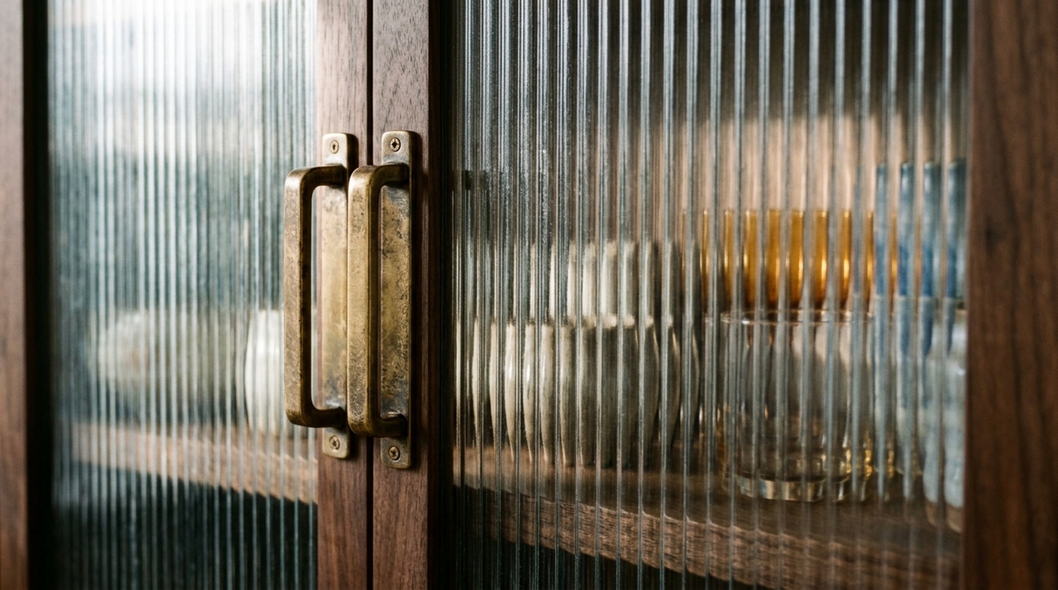 Luxury ideas for shelving textures featuring a combination of reeded glass doors and unlacquered brass framework in a high-end pantry. Luxury ideas for shelving textures featuring a combination of reeded glass doors and unlacquered brass framework in a high-end pantry.