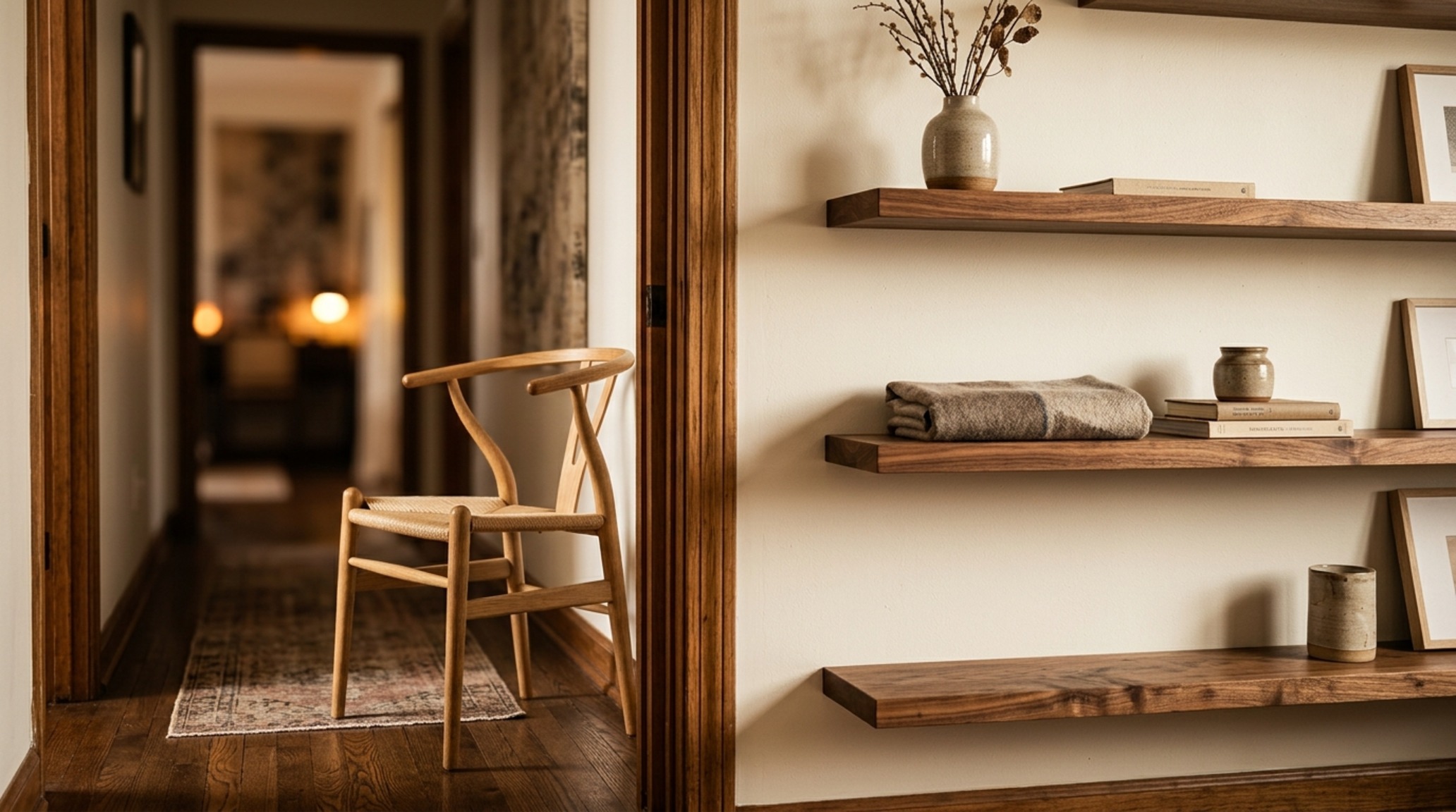 Small space ideas for shelving utilizing narrow 6-inch walnut ledges in a residential hallway with 36-inch walkway clearance and soft ambient lighting. Small space ideas for shelving utilizing narrow 6-inch walnut ledges in a residential hallway with 36-inch walkway clearance and soft ambient lighting.