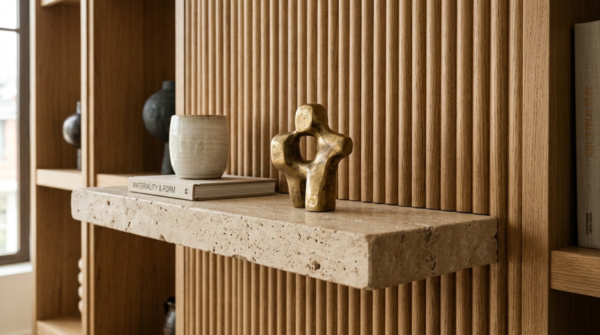 Luxury ideas for shelving textures showcasing fluted white oak panels paired with a 2-inch thick honed travertine floating shelf and brass accents. Luxury ideas for shelving textures showcasing fluted white oak panels paired with a 2-inch thick honed travertine floating shelf and brass accents.
