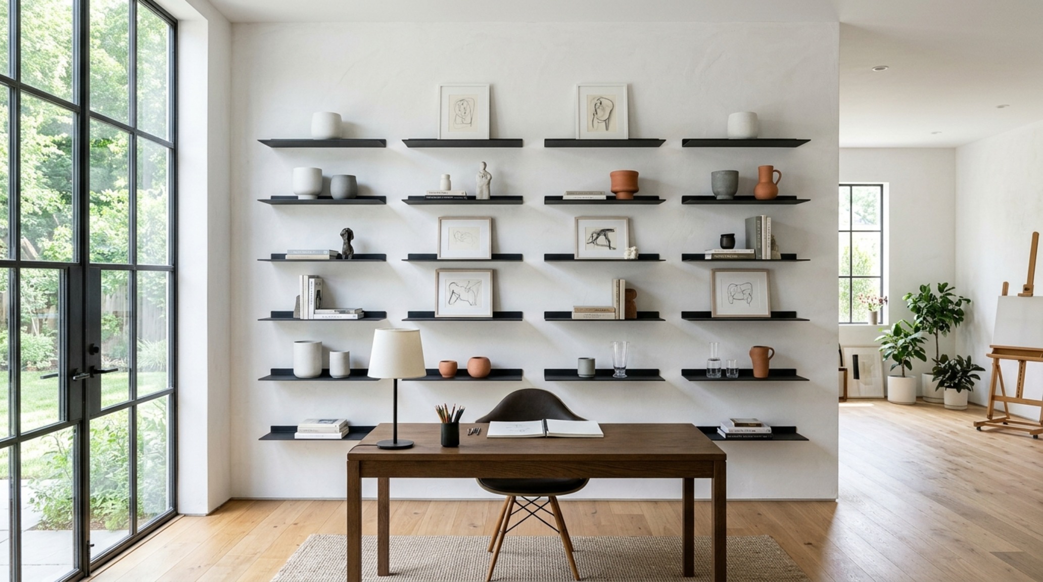 Modern ideas for shelving ideas in a contemporary home office featuring asymmetric floating steel shelves and a monolithic desk surface. Modern ideas for shelving ideas in a contemporary home office featuring asymmetric floating steel shelves and a monolithic desk surface.