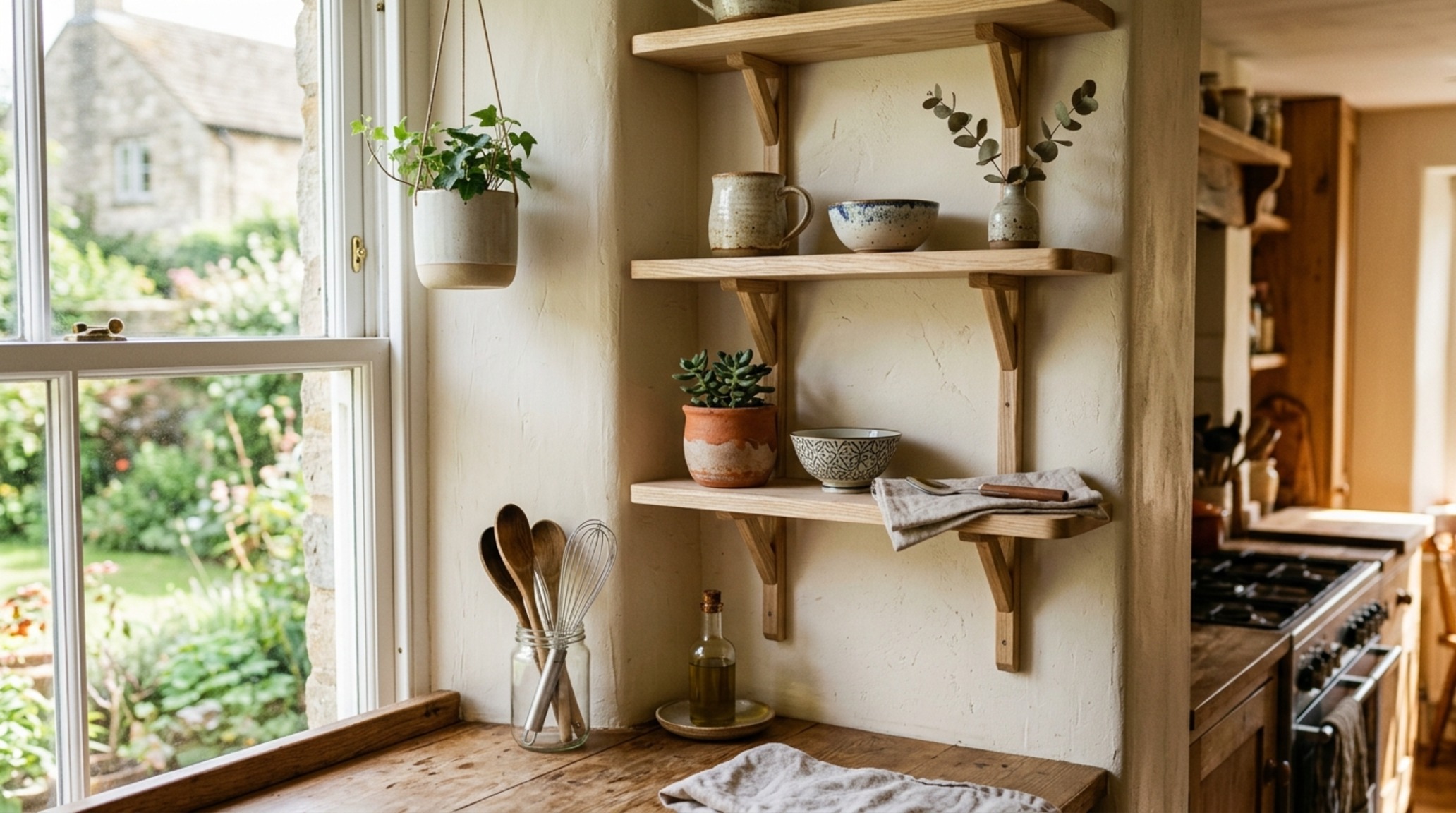 Small space ideas for shelving in a compact kitchen nook with vertical oak slats and concealed mounting hardware for a clean aesthetic. Small space ideas for shelving in a compact kitchen nook with vertical oak slats and concealed mounting hardware for a clean aesthetic.