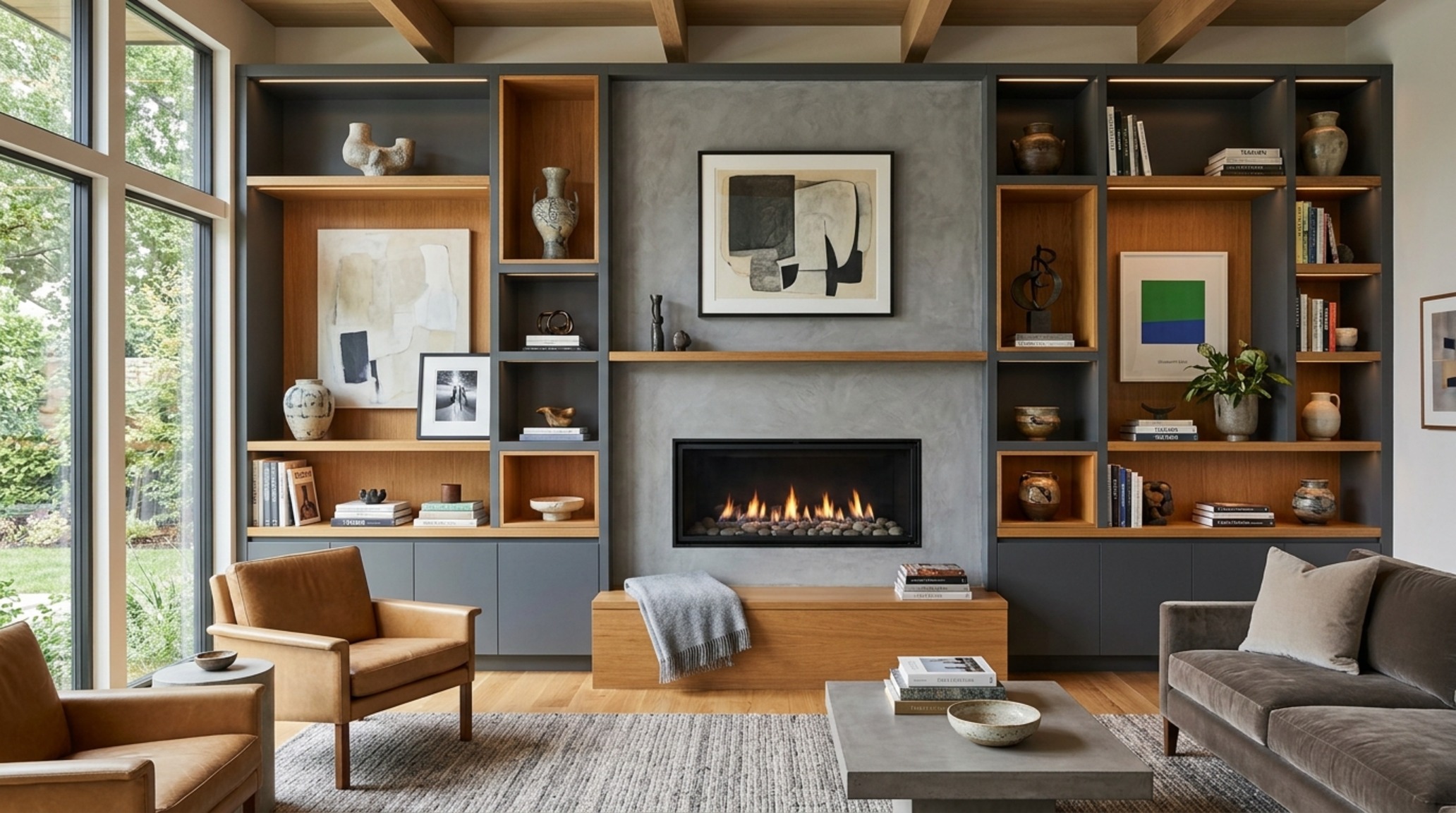 Modern ideas for shelving ideas integrated into a fireplace surround using mitered edges and hidden structural supports. Modern ideas for shelving ideas integrated into a fireplace surround using mitered edges and hidden structural supports.