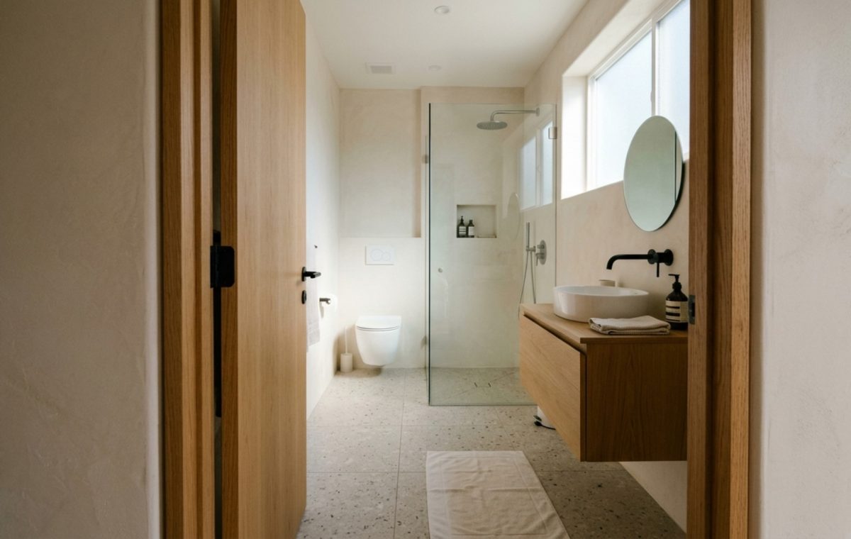 ideas for small bathrooms featuring a 32-inch clear walkway and a space-saving pocket door entrance in a neutral minimalist palette.