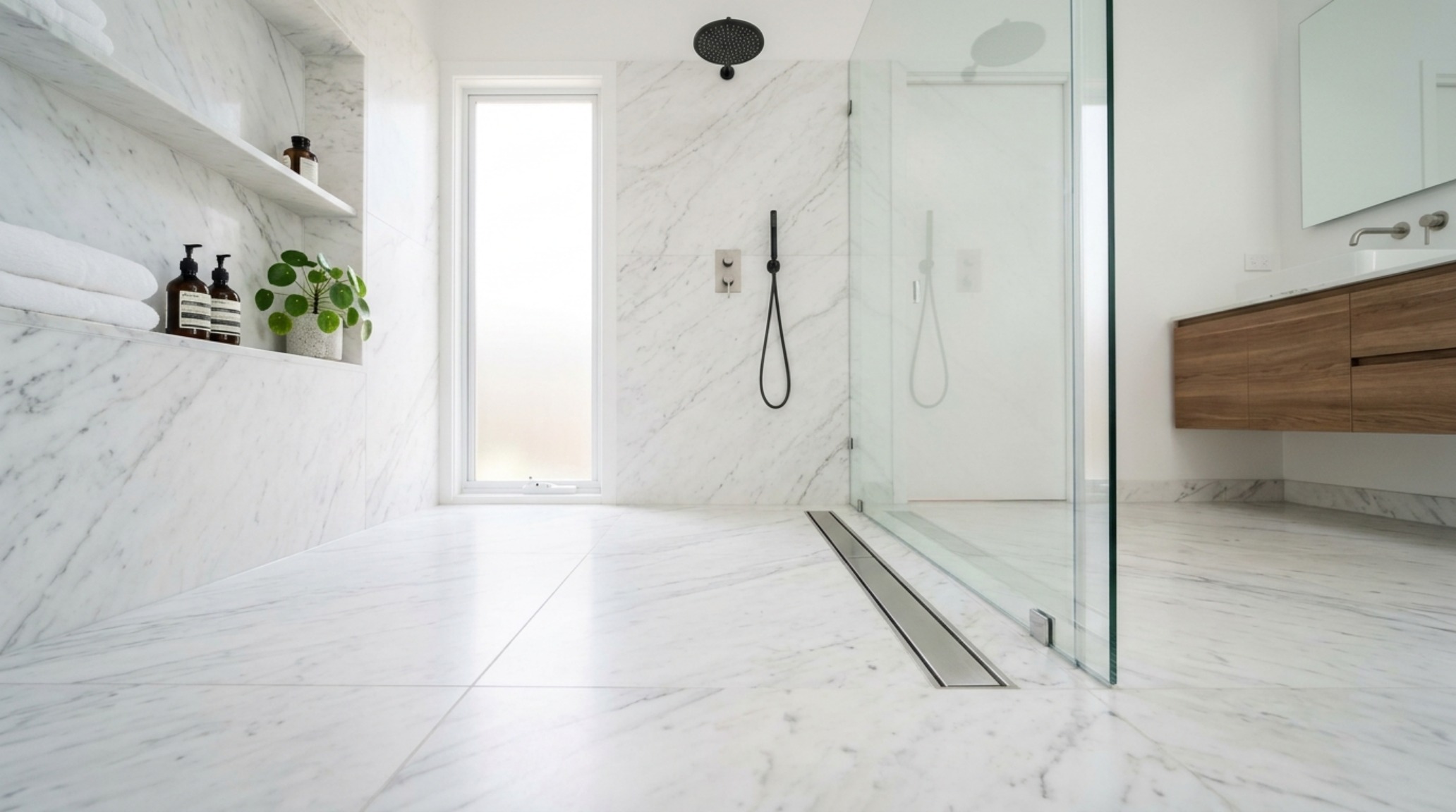 modern ideas for small bathrooms ideas with a focus on a curbless walk-in shower and a linear trench drain to maximize floor continuity. modern ideas for small bathrooms ideas with a focus on a curbless walk-in shower and a linear trench drain to maximize floor continuity.