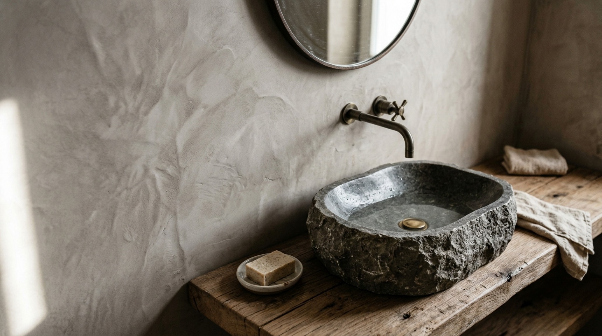 luxury ideas for small bathrooms textures showing the tactile depth of a tadelakt plaster wall finish and a rough-hewn stone vessel sink. luxury ideas for small bathrooms textures showing the tactile depth of a tadelakt plaster wall finish and a rough-hewn stone vessel sink.