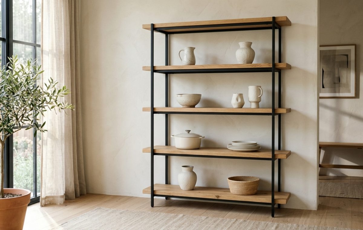 A sophisticated architectural take on living room floating shelves ideas featuring a matte black Ikea Hyllis hack with fluted oak inserts and curated ceramic vessels in soft afternoon light.