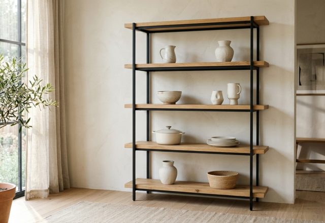 A sophisticated architectural take on living room floating shelves ideas featuring a matte black Ikea Hyllis hack with fluted oak inserts and curated ceramic vessels in soft afternoon light.