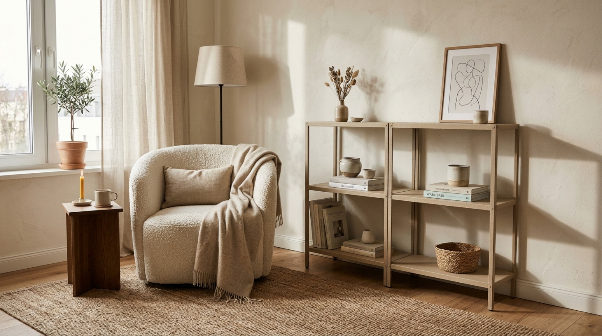 Overhead view of a styled Hyllis shelf featuring a balance of horizontal book stacks and vertical glass vases, demonstrating the geometric principles of interior styling.