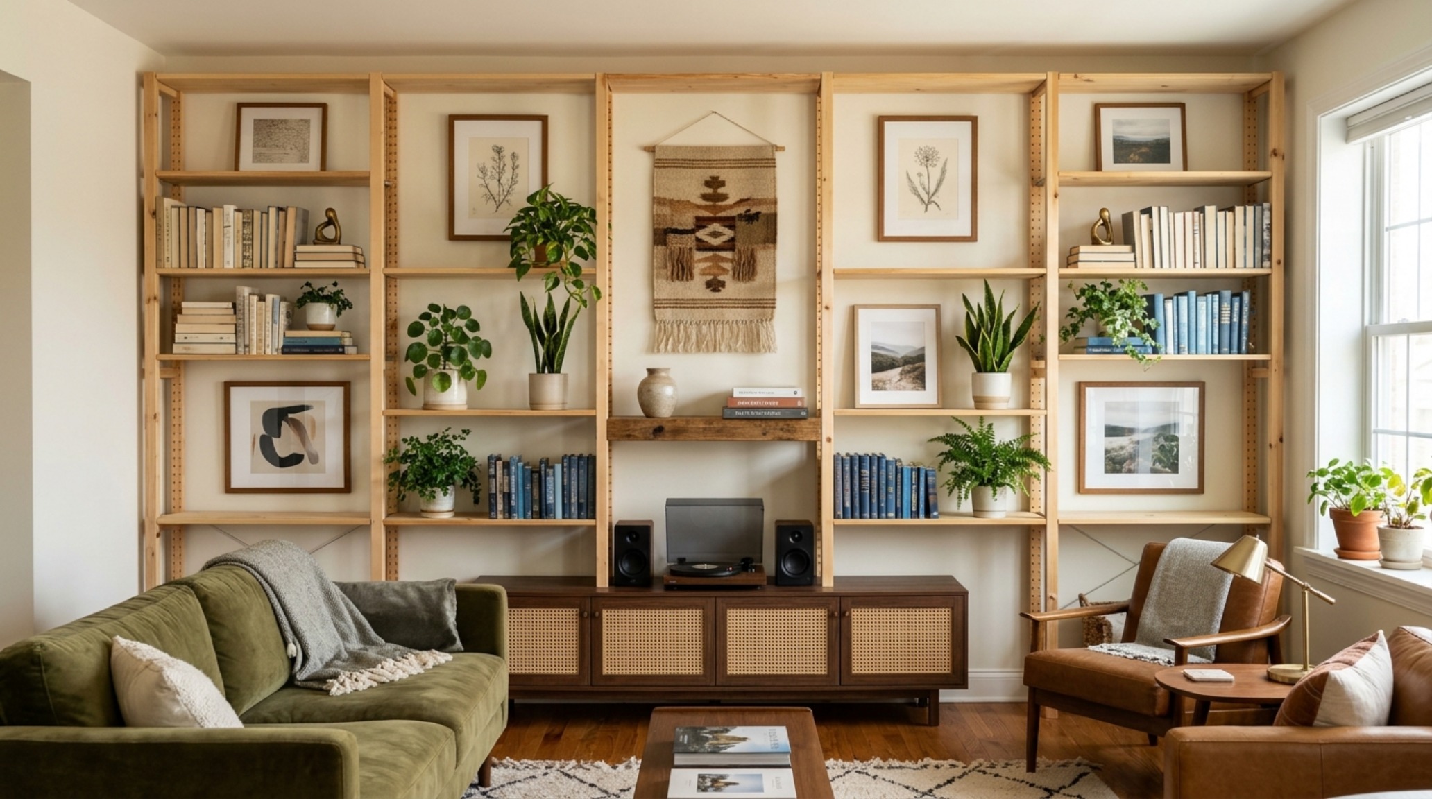 Final wide-shot of an airy living room where customized floating shelves harmonize with a 18-inch coffee table reach and a neutral, high-end color palette.