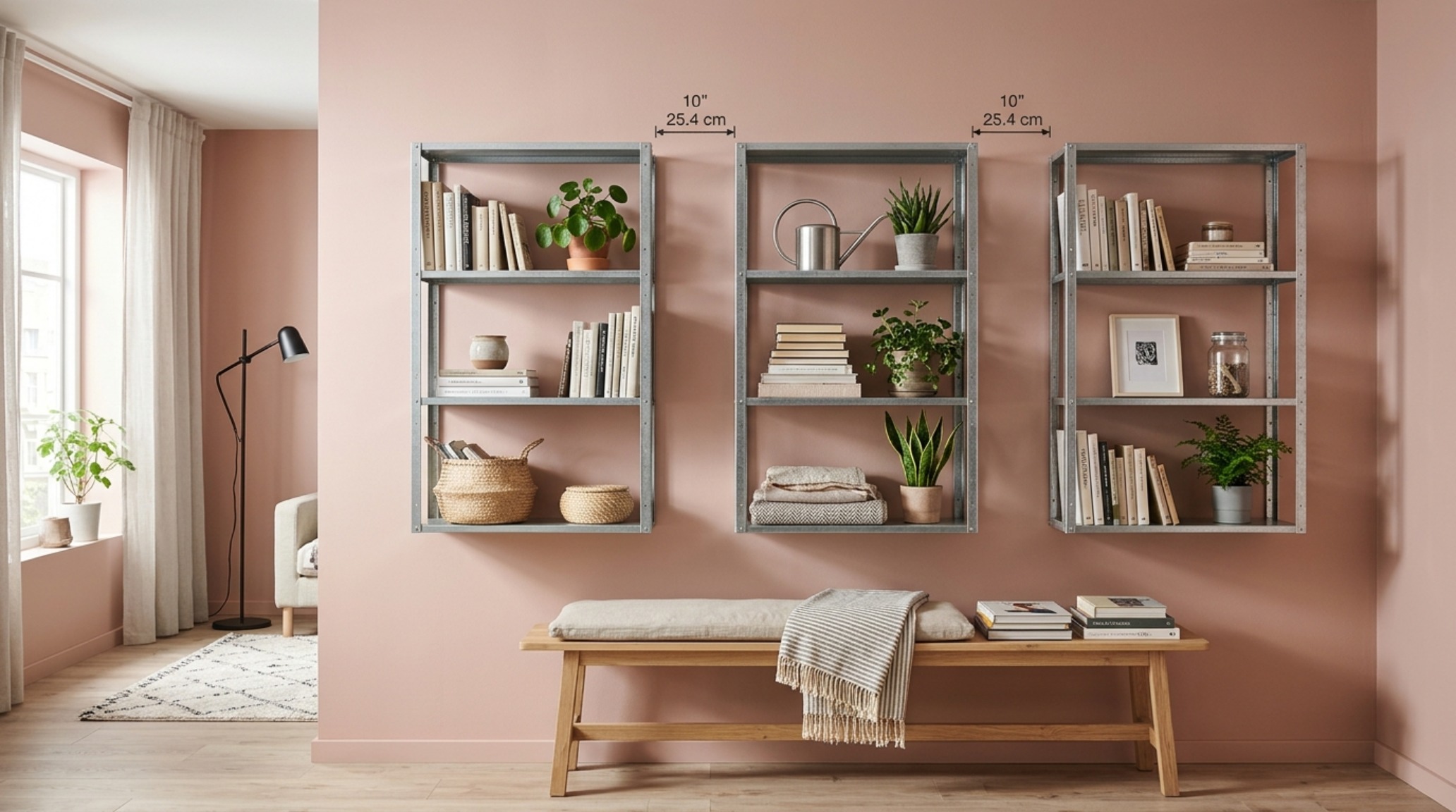 Close-up of industrial steel shelving showing precise 36-inch clearance from a velvet armchair, highlighting the spatial flow and ergonomic layout of a modern living room.