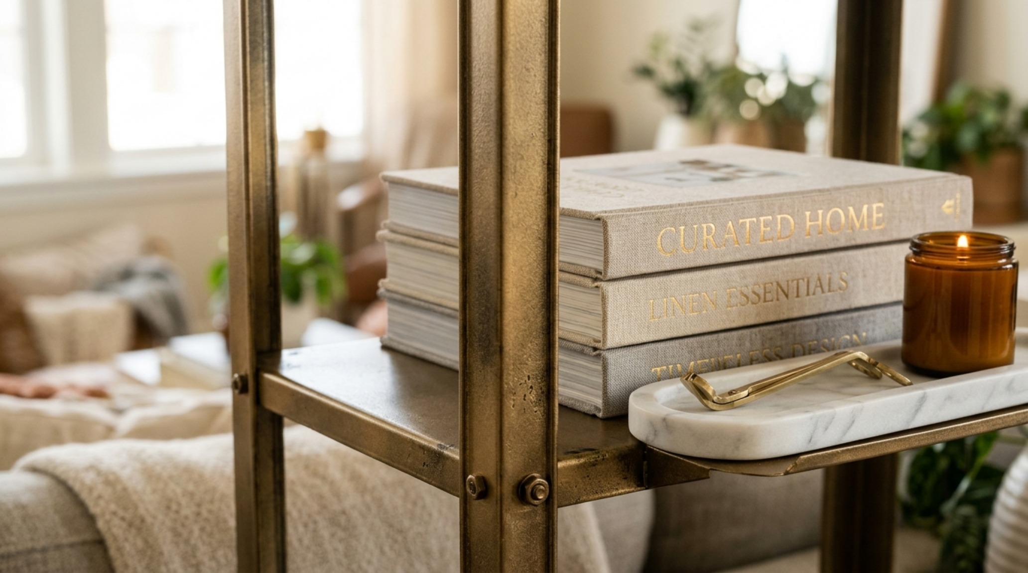Integrated 2700K LED lighting washing over sand-textured walls and brass-finished Hyllis shelves, demonstrating the atmospheric lighting guide for luxury interiors.