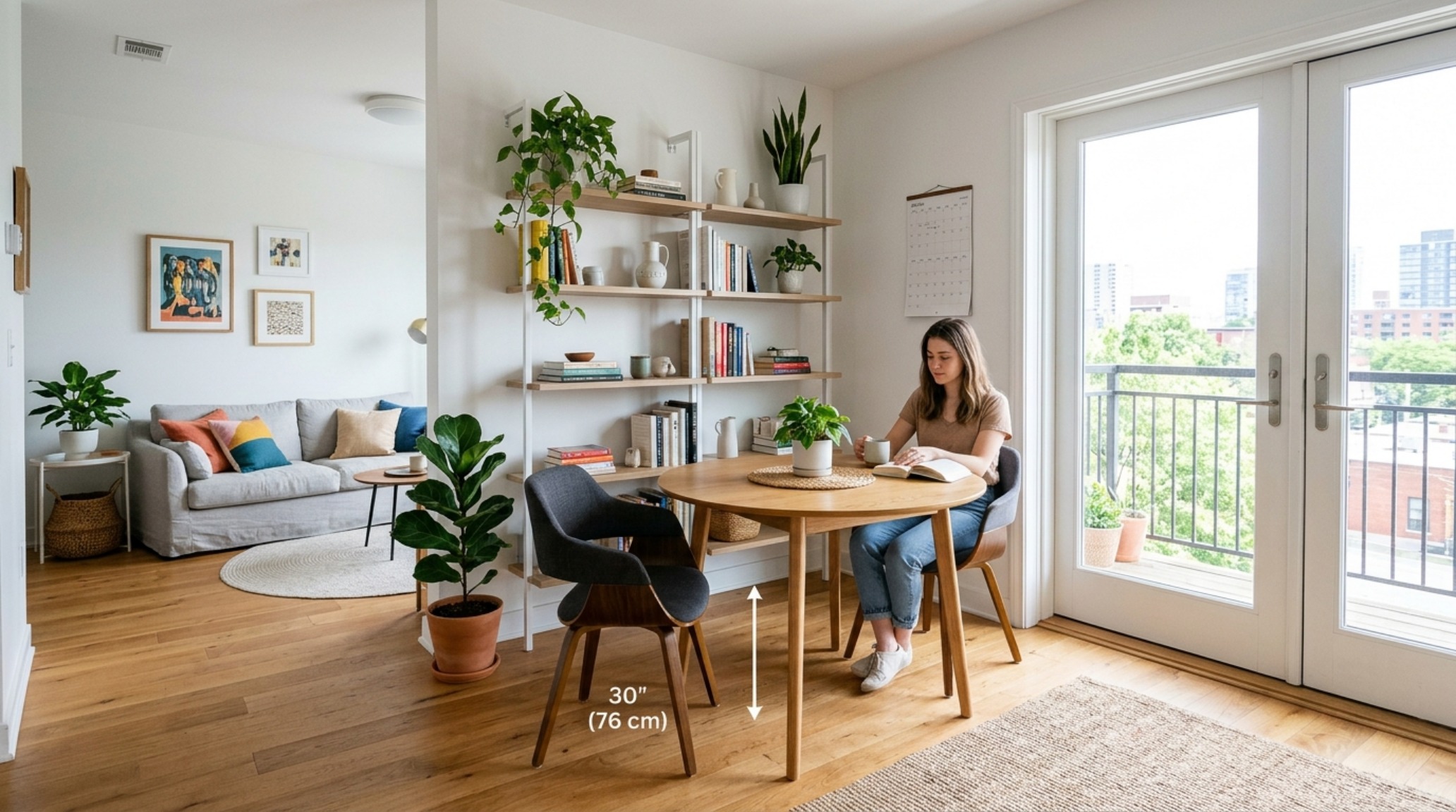 A small space living room floating shelves ideas solution showing a slim Hyllis unit used as a room divider between a lounge and a 30-inch dining clearance zone.