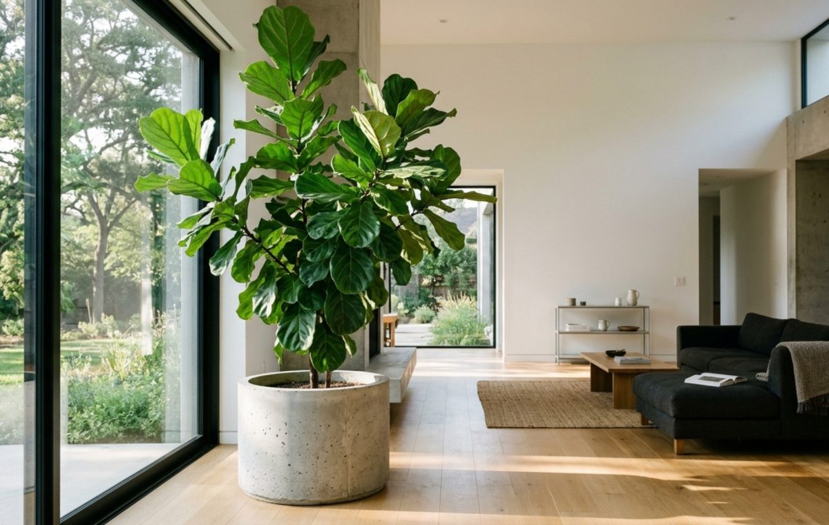 modern indoor plant decoration ideas ideas featuring a large Fiddle Leaf Fig in a minimalist concrete planter with 36-inch architectural clearance