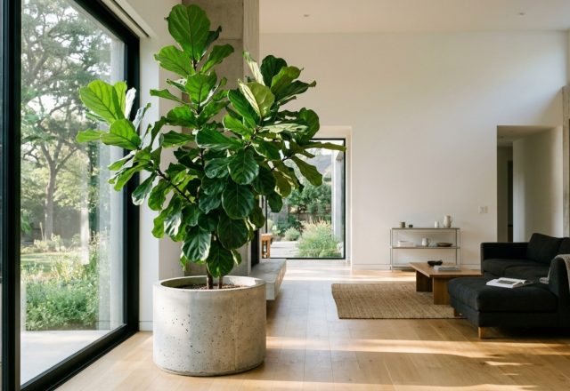 modern indoor plant decoration ideas ideas featuring a large Fiddle Leaf Fig in a minimalist concrete planter with 36-inch architectural clearance