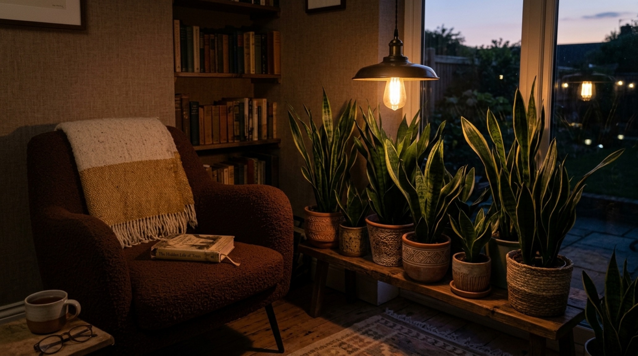 indoor plant decoration ideas lighting guide using 2700K warm ambient pendants to illuminate a cluster of snake plants